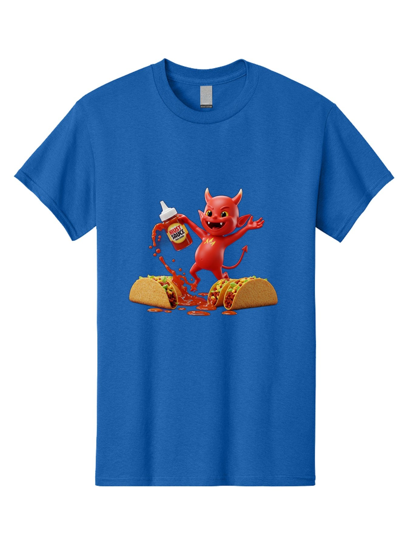 Hustl-Sauce-Devil Men'S Graphic Tee, 100% Cotton, Comfortable Casual Summer Wear, Machine Washable, Red Devil Character, Hot Sauce Bottle, Tacos, Spicy Food, Hot Peppers, Cartoon Style, Playful Illustration, Sauce Splatter, Baa852 12