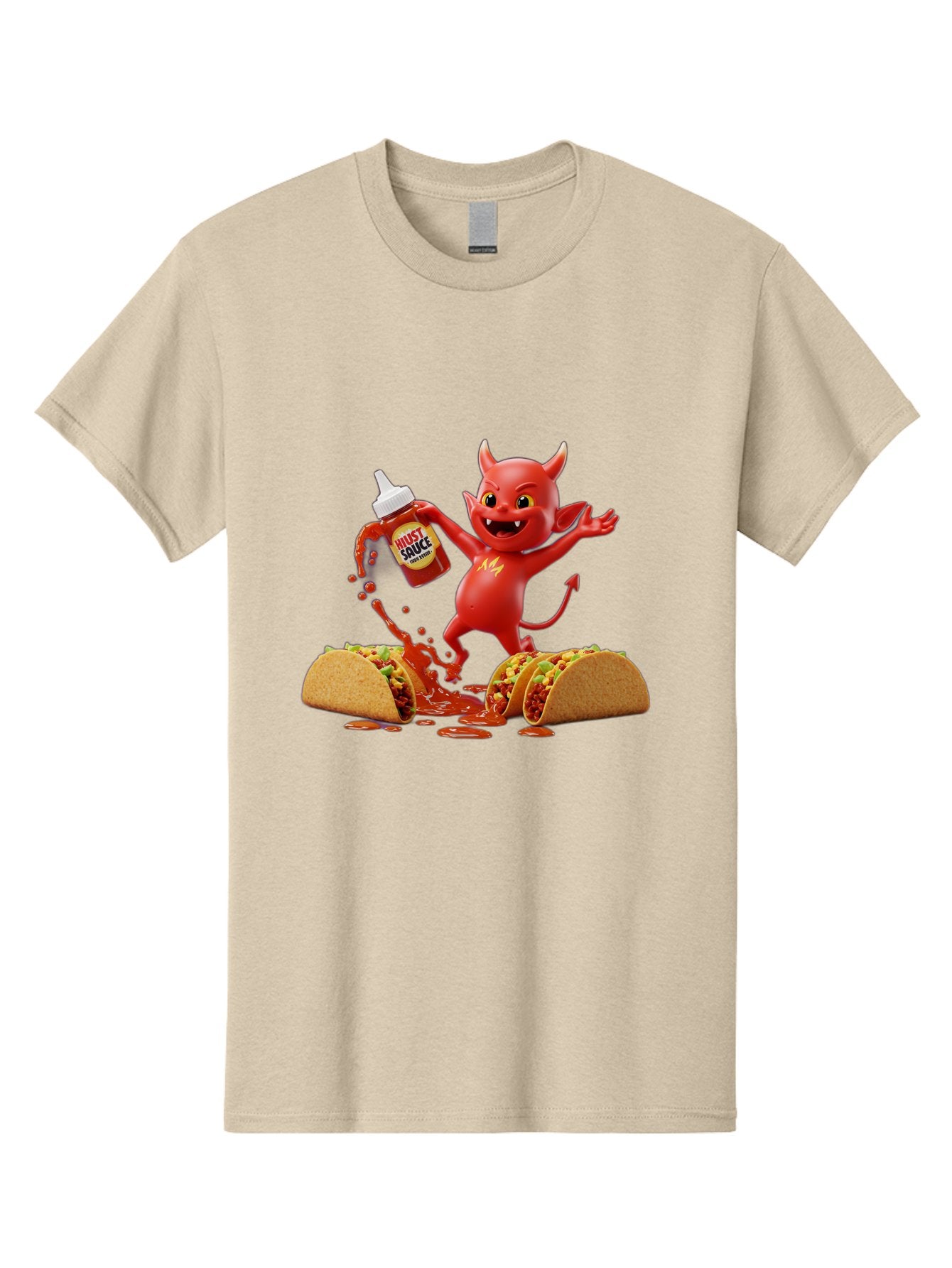 Hustl-Sauce-Devil Men'S Graphic Tee, 100% Cotton, Comfortable Casual Summer Wear, Machine Washable, Red Devil Character, Hot Sauce Bottle, Tacos, Spicy Food, Hot Peppers, Cartoon Style, Playful Illustration, Sauce Splatter, Baa852 10