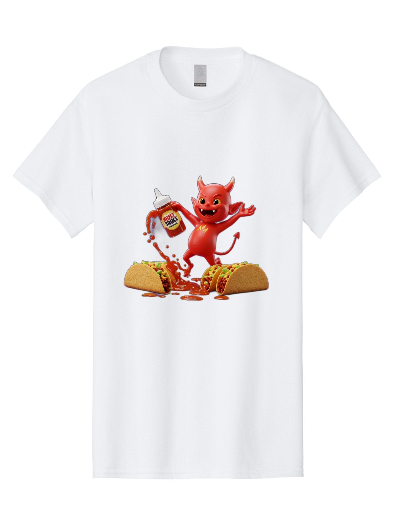 Hustl-Sauce-Devil Men'S Graphic Tee, 100% Cotton, Comfortable Casual Summer Wear, Machine Washable, Red Devil Character, Hot Sauce Bottle, Tacos, Spicy Food, Hot Peppers, Cartoon Style, Playful Illustration, Sauce Splatter, Baa852