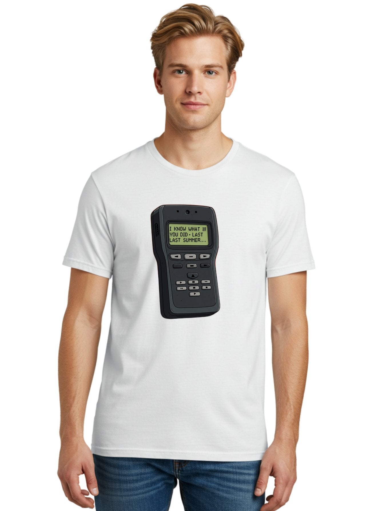 I-Know-What-You-Did-Last-Summer-Pager Men'S Graphic Tee, 100% Cotton, Comfortable Casual Summer Wear, Machine Washable, Black Digital Answering Machine, Ominous Message, Horror Theme, Retro Tech, Spooky Atmosphere, Baa853 25