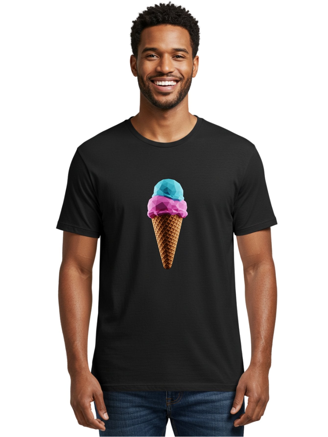Ice-Cream-Cone-1 Men'S Graphic Tee, 100% Cotton, Comfortable Casual Summer Wear, Machine Washable, Ice Cream, Two Scoops, Pink And Blue, Waffle Cone, Low Poly, Geometric Style, Sweet Treat, Summer Dessert, Cool Colors, Art Illustration Baa854 18