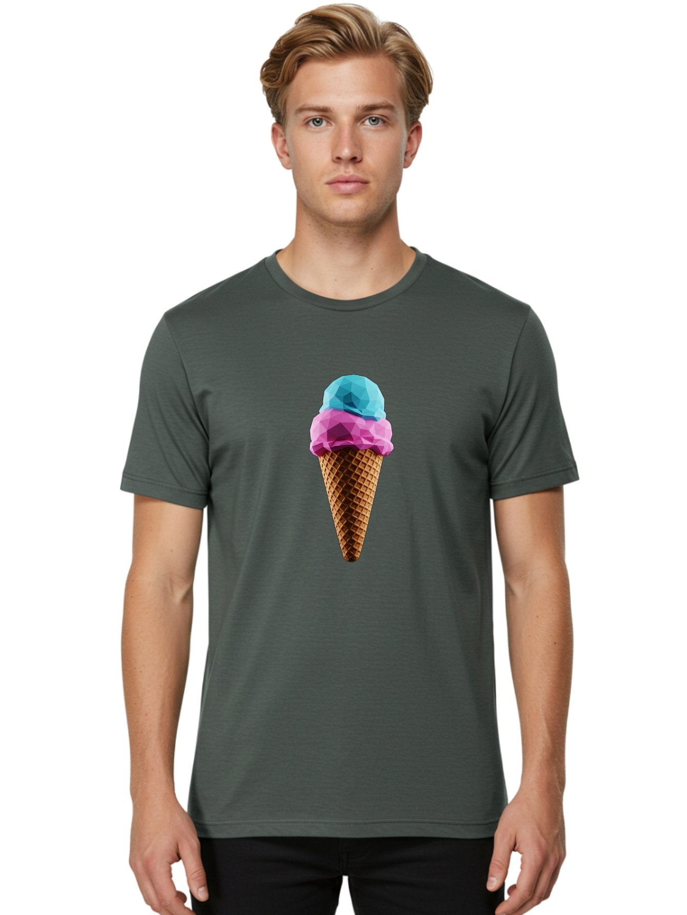Ice-Cream-Cone-1 Men'S Graphic Tee, 100% Cotton, Comfortable Casual Summer Wear, Machine Washable, Ice Cream, Two Scoops, Pink And Blue, Waffle Cone, Low Poly, Geometric Style, Sweet Treat, Summer Dessert, Cool Colors, Art Illustration Baa854 25