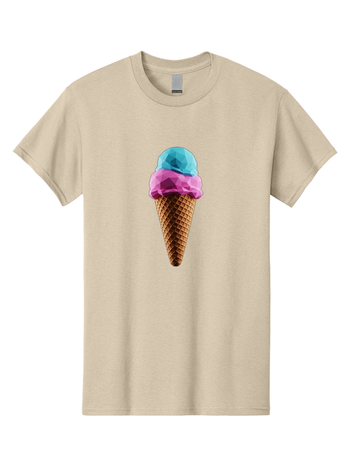 Ice-Cream-Cone-1 Men'S Graphic Tee, 100% Cotton, Comfortable Casual Summer Wear, Machine Washable, Ice Cream, Two Scoops, Pink And Blue, Waffle Cone, Low Poly, Geometric Style, Sweet Treat, Summer Dessert, Cool Colors, Art Illustration Baa854 11