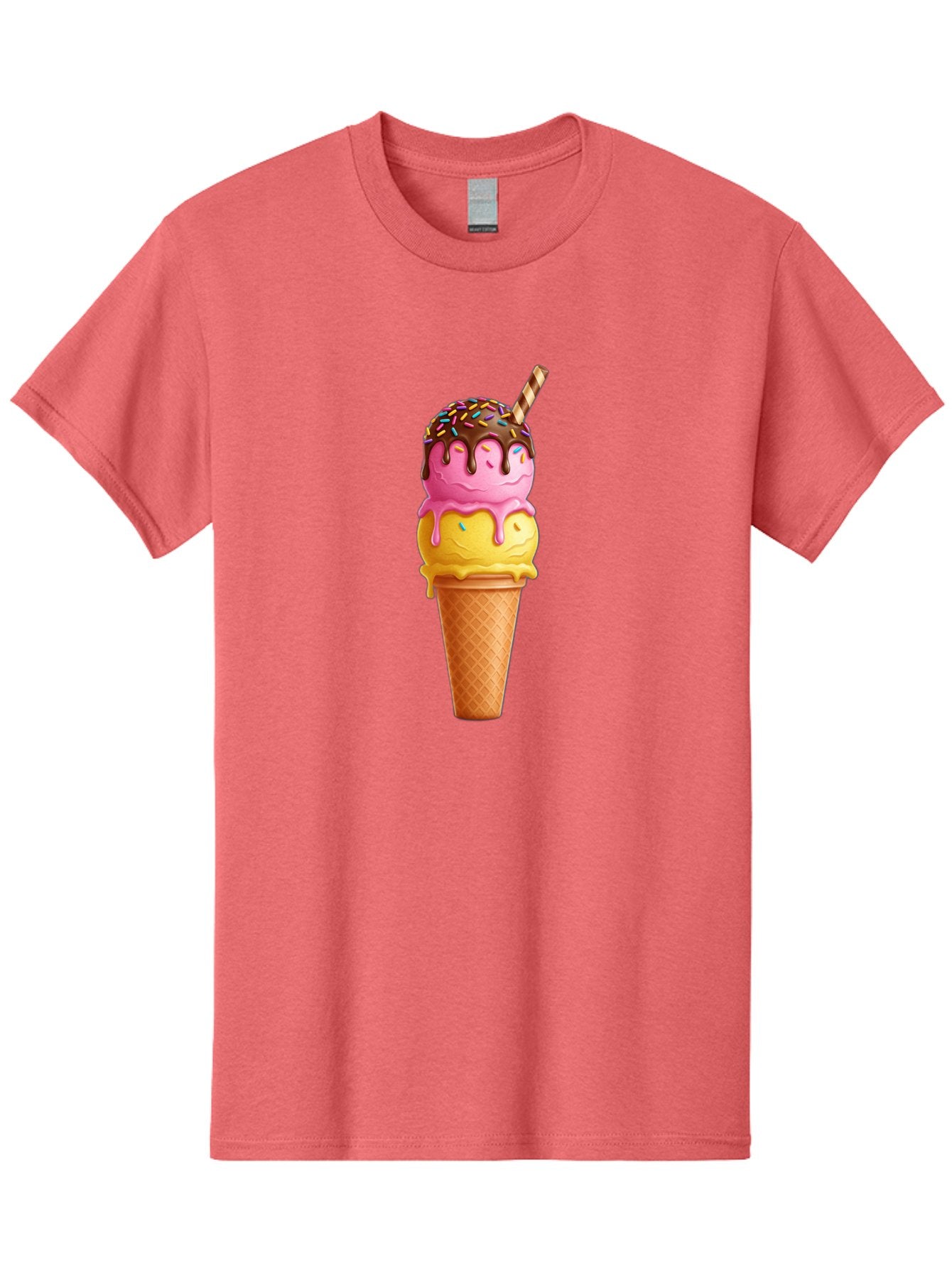 Ice-Cream-Cone-10 Men'S Graphic Tee, 100% Cotton, Comfortable Casual Summer Wear, Machine Washable, Two Scoops Of Ice Cream, Cone With Ice Cream, Waffle Cone, Strawberry Ice Cream, Banana Ice Cream, Chocolate Sauce, Sprinkles, Striped Straw, Baa855