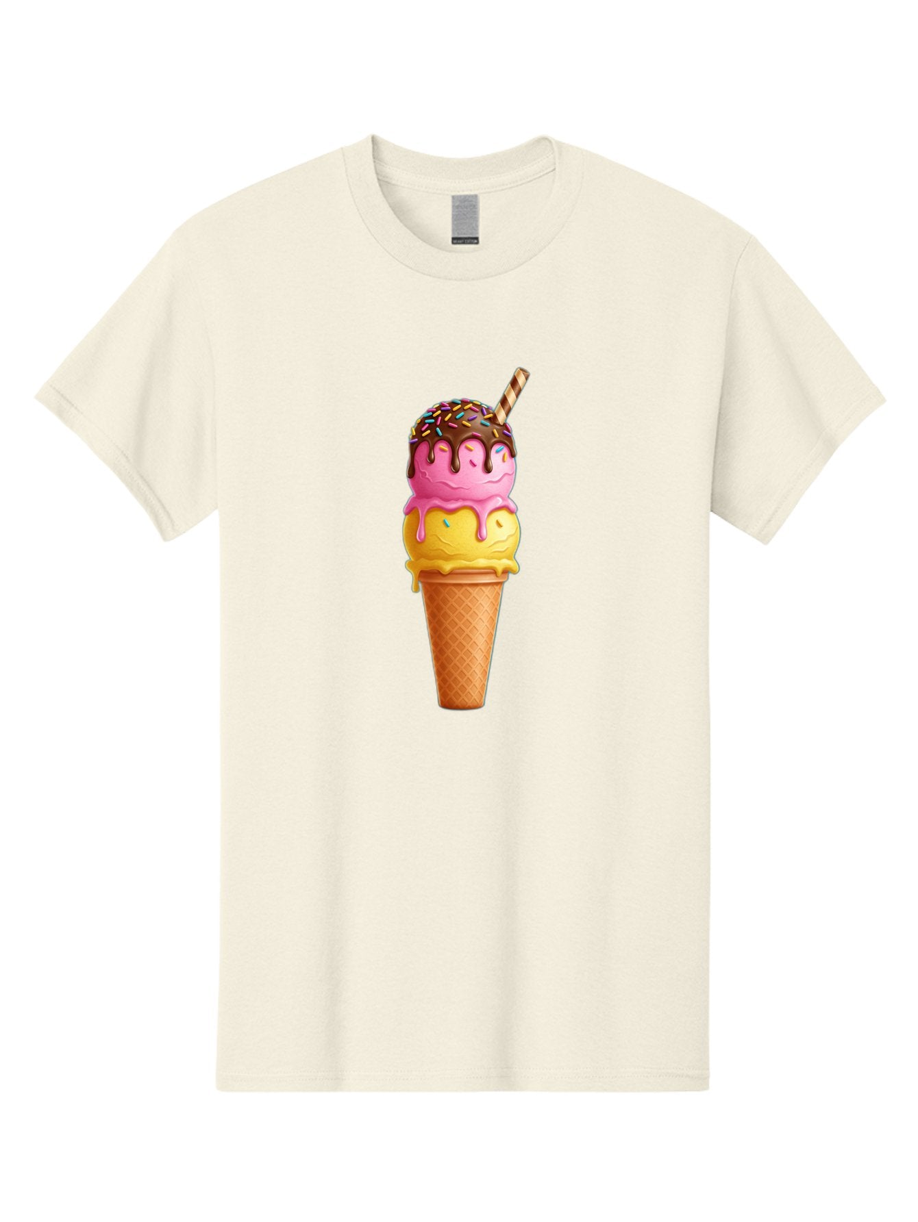 Ice-Cream-Cone-10 Men'S Graphic Tee, 100% Cotton, Comfortable Casual Summer Wear, Machine Washable, Two Scoops Of Ice Cream, Cone With Ice Cream, Waffle Cone, Strawberry Ice Cream, Banana Ice Cream, Chocolate Sauce, Sprinkles, Striped Straw, Baa855 3