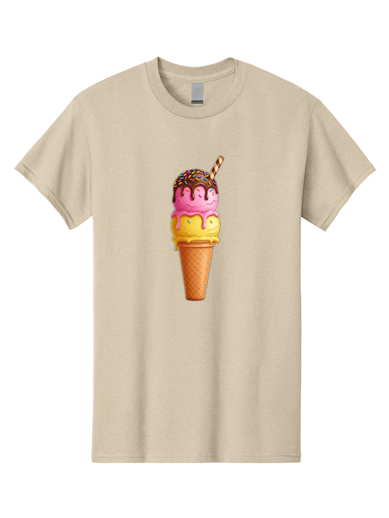 Ice-Cream-Cone-10 Men'S Graphic Tee, 100% Cotton, Comfortable Casual Summer Wear, Machine Washable, Two Scoops Of Ice Cream, Cone With Ice Cream, Waffle Cone, Strawberry Ice Cream, Banana Ice Cream, Chocolate Sauce, Sprinkles, Striped Straw, Baa855 4