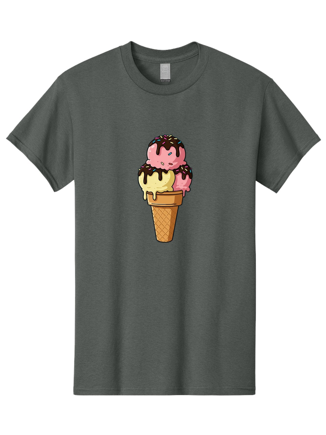Ice-Cream-Cone-11 Men'S Graphic Tee, 100% Cotton, Comfortable Casual Summer Wear, Machine Washable, Ice Cream Cone, Triple Scoop, Pink And Yellow Ice Cream, Chocolate Sauce, Sprinkles, Dripping Ice Cream, Sweet Treats, Dessert Illustration, Baa856 9
