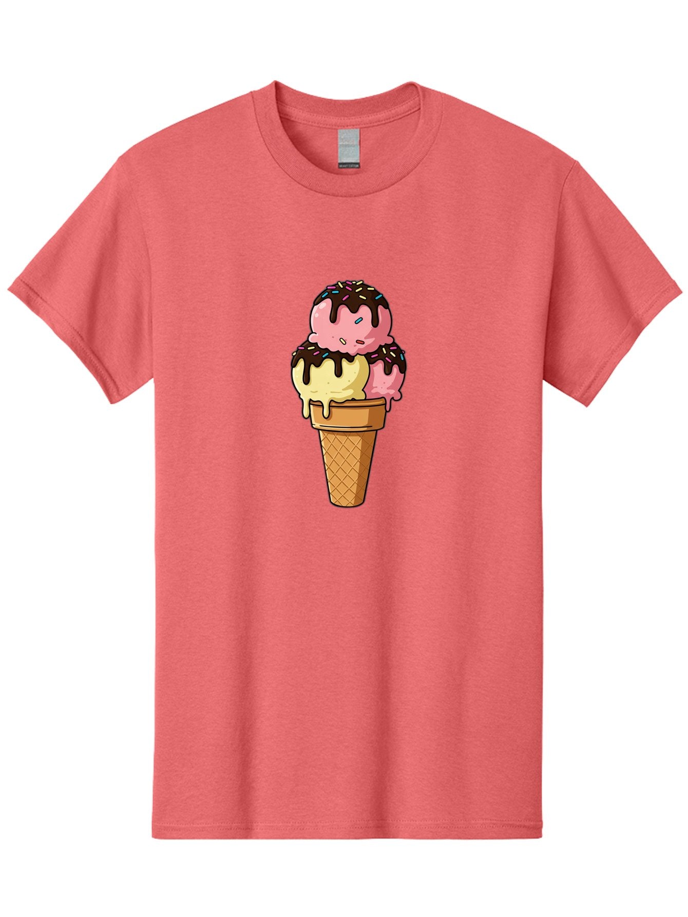 Ice-Cream-Cone-11 Men'S Graphic Tee, 100% Cotton, Comfortable Casual Summer Wear, Machine Washable, Ice Cream Cone, Triple Scoop, Pink And Yellow Ice Cream, Chocolate Sauce, Sprinkles, Dripping Ice Cream, Sweet Treats, Dessert Illustration, Baa856