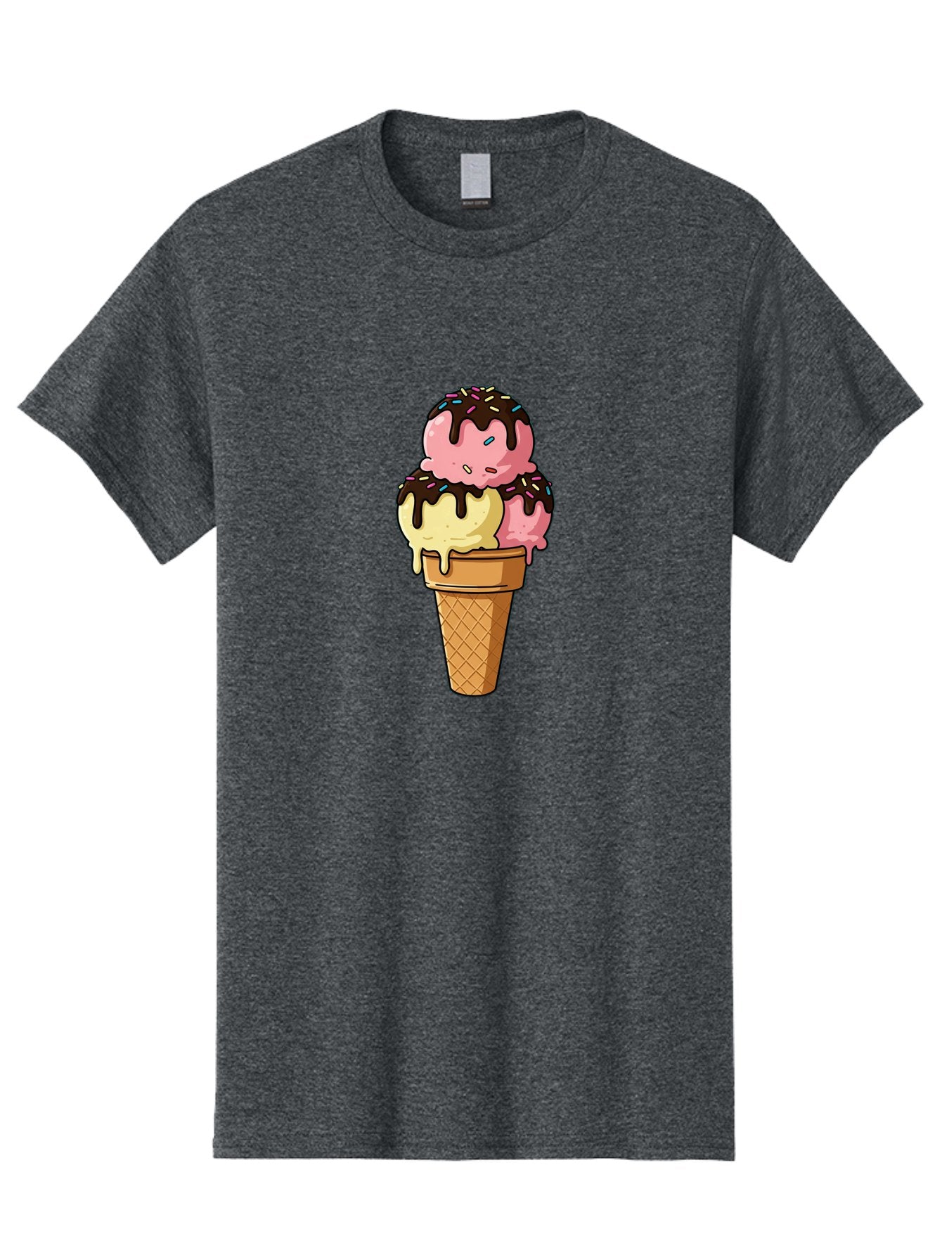 Ice-Cream-Cone-11 Men'S Graphic Tee, 100% Cotton, Comfortable Casual Summer Wear, Machine Washable, Ice Cream Cone, Triple Scoop, Pink And Yellow Ice Cream, Chocolate Sauce, Sprinkles, Dripping Ice Cream, Sweet Treats, Dessert Illustration, Baa856 12
