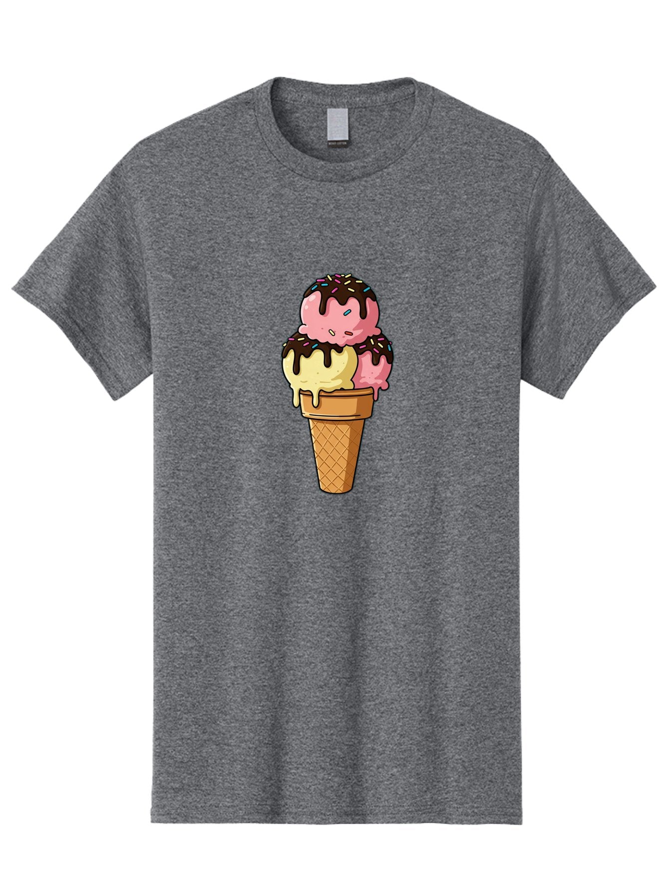 Ice-Cream-Cone-11 Men'S Graphic Tee, 100% Cotton, Comfortable Casual Summer Wear, Machine Washable, Ice Cream Cone, Triple Scoop, Pink And Yellow Ice Cream, Chocolate Sauce, Sprinkles, Dripping Ice Cream, Sweet Treats, Dessert Illustration, Baa856