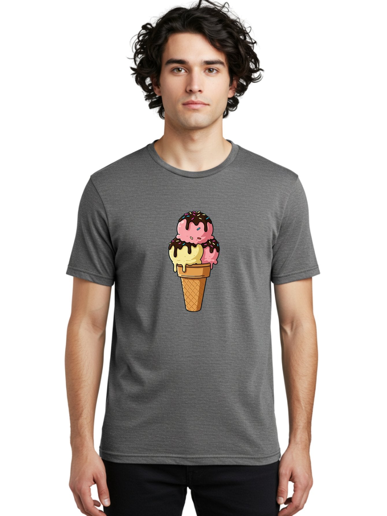 Ice-Cream-Cone-11 Men'S Graphic Tee, 100% Cotton, Comfortable Casual Summer Wear, Machine Washable, Ice Cream Cone, Triple Scoop, Pink And Yellow Ice Cream, Chocolate Sauce, Sprinkles, Dripping Ice Cream, Sweet Treats, Dessert Illustration, Baa856 21