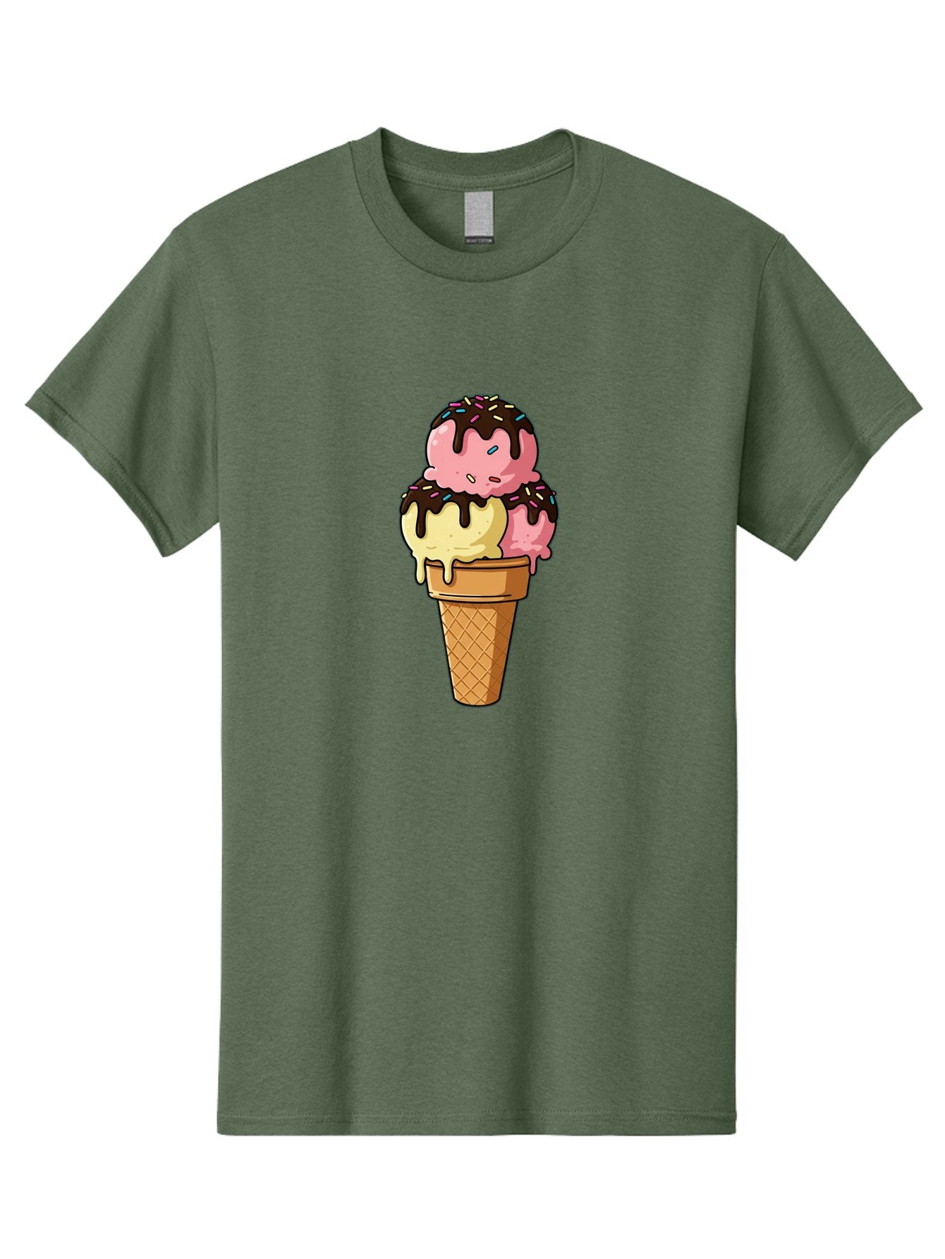 Ice-Cream-Cone-11 Men'S Graphic Tee, 100% Cotton, Comfortable Casual Summer Wear, Machine Washable, Ice Cream Cone, Triple Scoop, Pink And Yellow Ice Cream, Chocolate Sauce, Sprinkles, Dripping Ice Cream, Sweet Treats, Dessert Illustration, Baa856 10