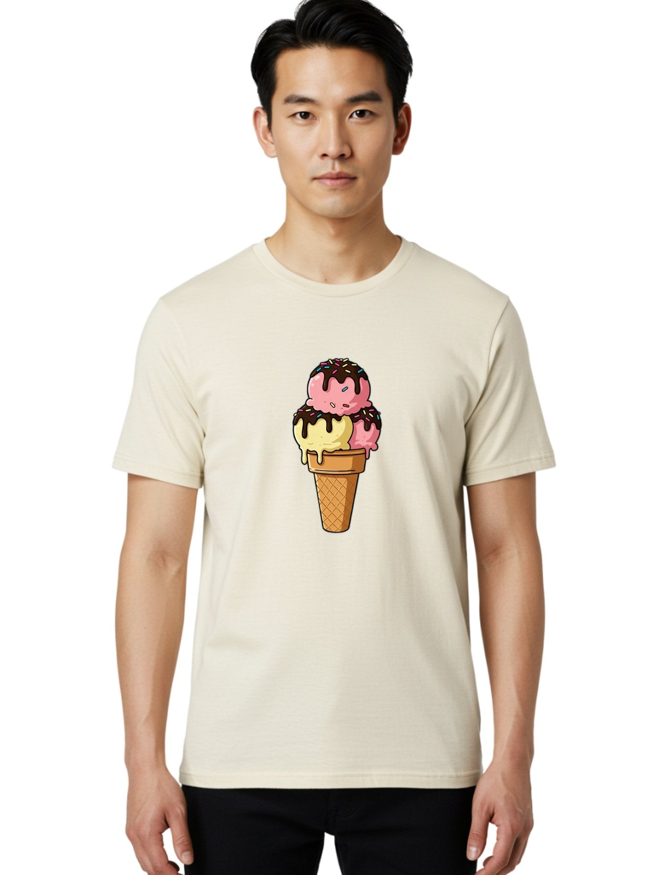 Ice-Cream-Cone-11 Men'S Graphic Tee, 100% Cotton, Comfortable Casual Summer Wear, Machine Washable, Ice Cream Cone, Triple Scoop, Pink And Yellow Ice Cream, Chocolate Sauce, Sprinkles, Dripping Ice Cream, Sweet Treats, Dessert Illustration, Baa856 18
