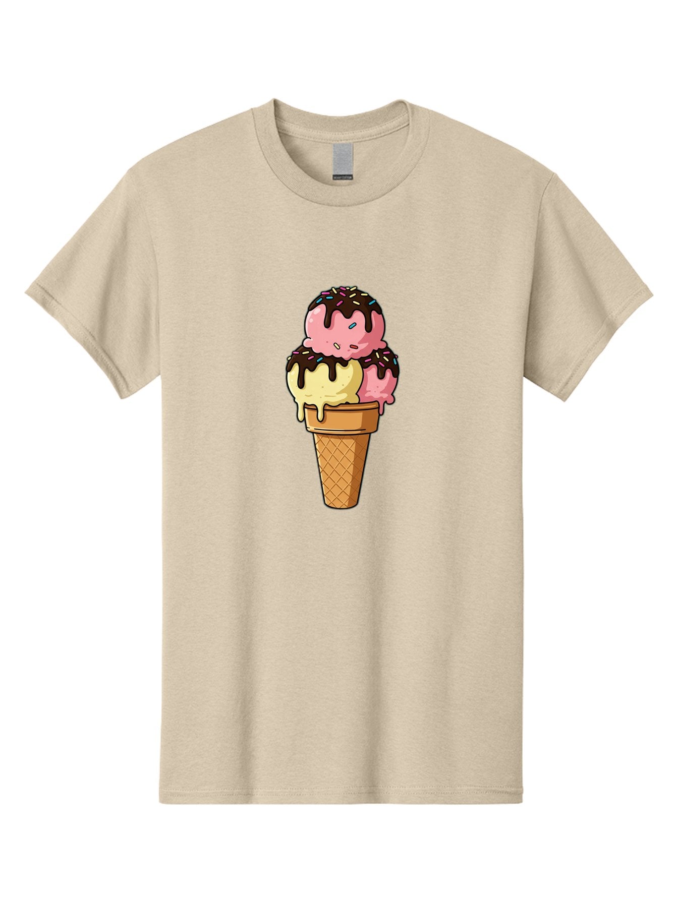 Ice-Cream-Cone-11 Men'S Graphic Tee, 100% Cotton, Comfortable Casual Summer Wear, Machine Washable, Ice Cream Cone, Triple Scoop, Pink And Yellow Ice Cream, Chocolate Sauce, Sprinkles, Dripping Ice Cream, Sweet Treats, Dessert Illustration, Baa856 5