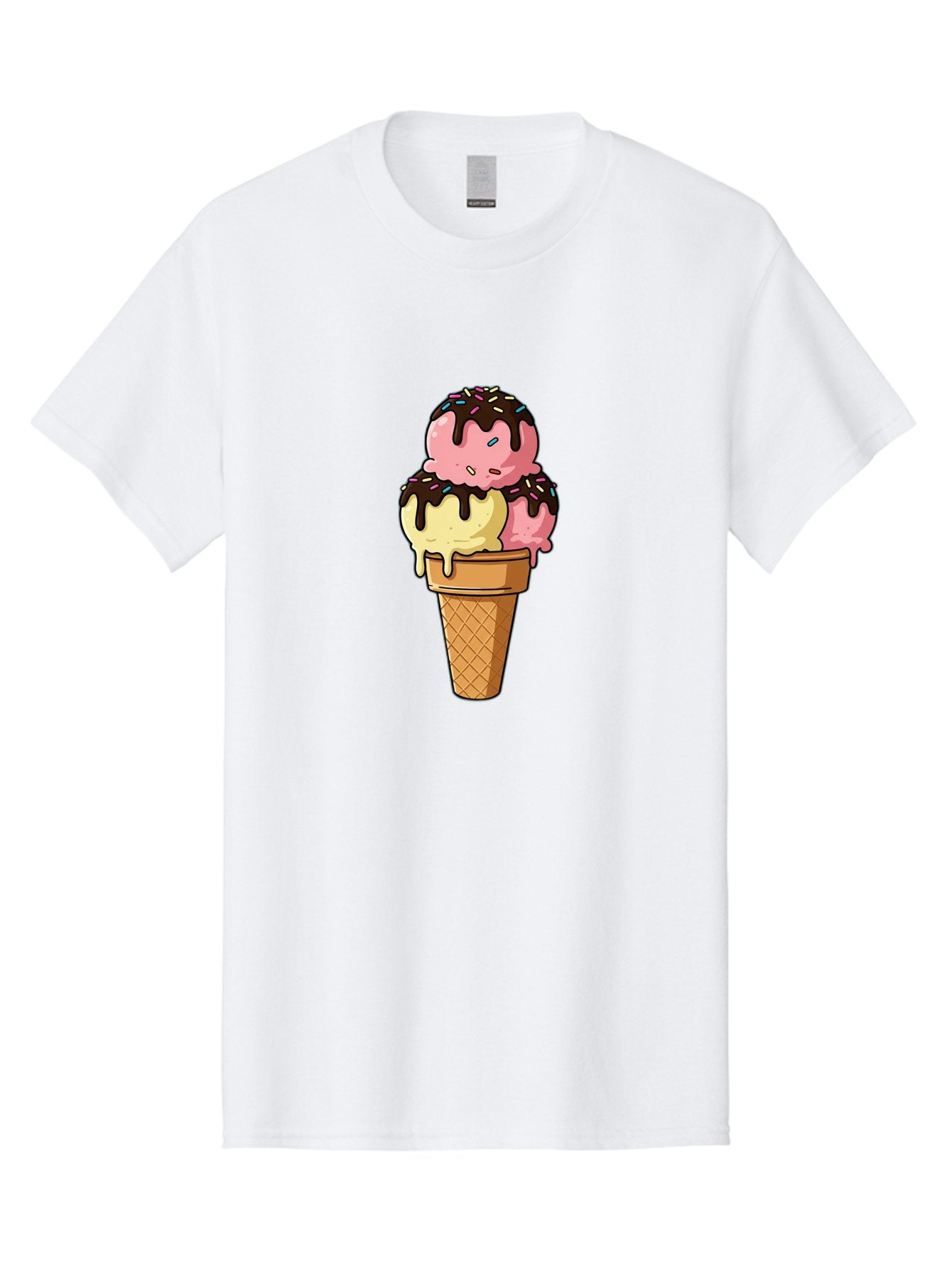 Ice-Cream-Cone-11 Men'S Graphic Tee, 100% Cotton, Comfortable Casual Summer Wear, Machine Washable, Ice Cream Cone, Triple Scoop, Pink And Yellow Ice Cream, Chocolate Sauce, Sprinkles, Dripping Ice Cream, Sweet Treats, Dessert Illustration, Baa856 13