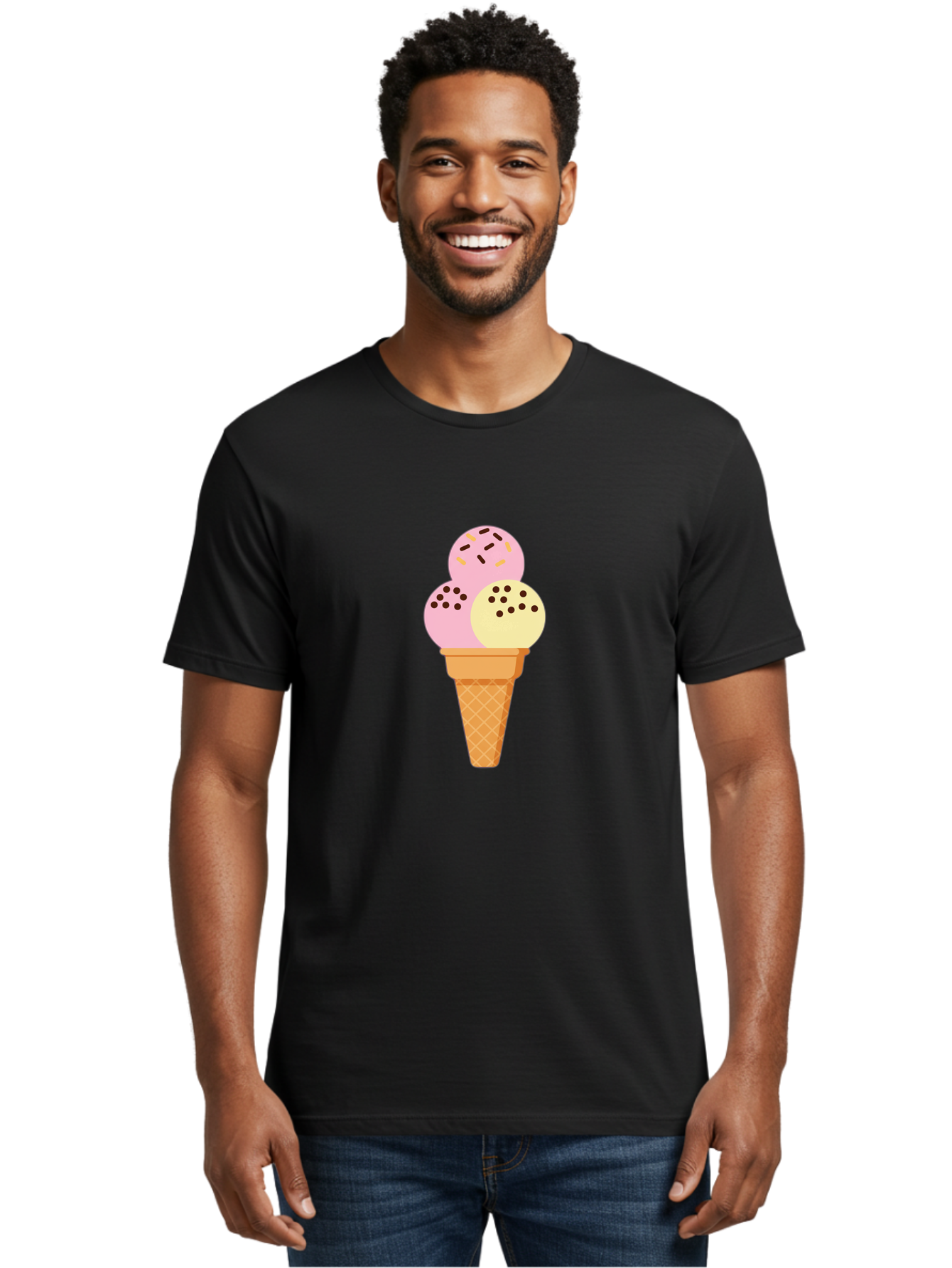 Ice-Cream-Cone-15 Men'S Graphic Tee, 100% Cotton, Comfortable Casual Summer Wear, Machine Washable, Ice Cream Cone, Three Scoops, Pink And Yellow Ice Cream, Chocolate Chips, Sprinkles, Frozen Dessert, Sweet Treat, Dessert Lover, Baa860 14