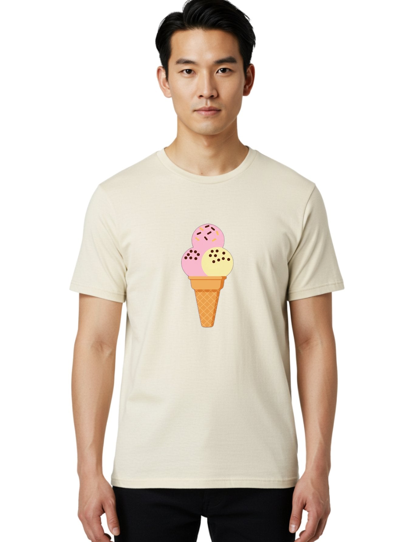 Ice-Cream-Cone-15 Men'S Graphic Tee, 100% Cotton, Comfortable Casual Summer Wear, Machine Washable, Ice Cream Cone, Three Scoops, Pink And Yellow Ice Cream, Chocolate Chips, Sprinkles, Frozen Dessert, Sweet Treat, Dessert Lover, Baa860 21
