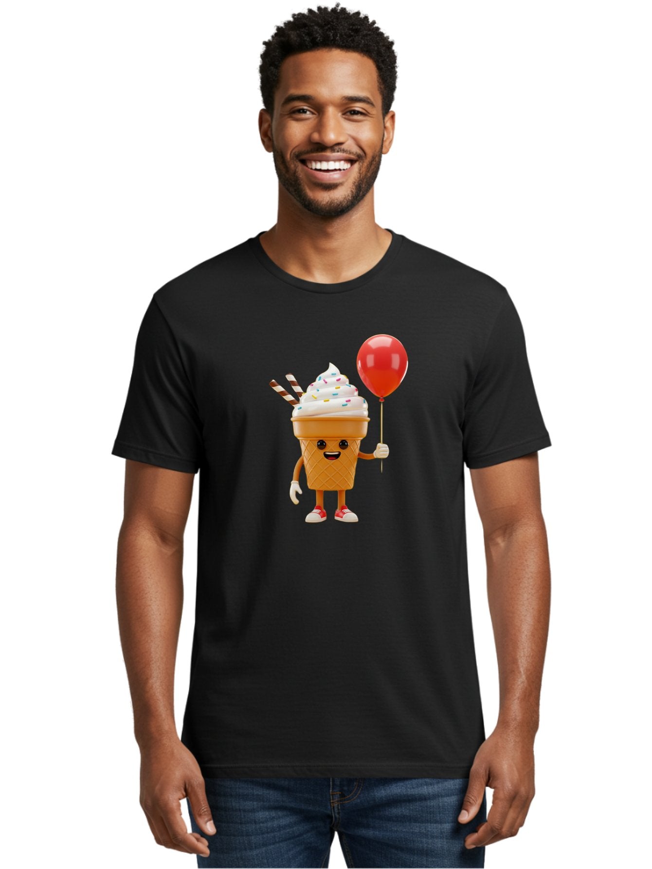 Ice-Cream-Cone-2 Men'S Graphic Tee, 100% Cotton, Comfortable Casual Summer Wear, Machine Washable, Ice Cream Cone With Face, Cartoon Character, Whipped Cream, Sprinkles, Red Balloon, Party Theme, Funny Illustration, Colorful Dessert, Baa863 25