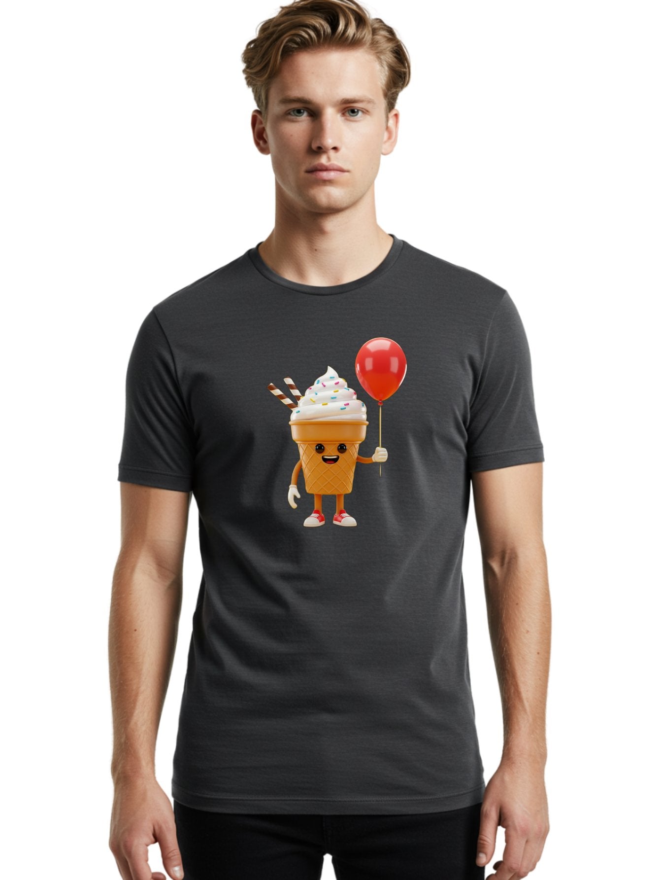 Ice-Cream-Cone-2 Men'S Graphic Tee, 100% Cotton, Comfortable Casual Summer Wear, Machine Washable, Ice Cream Cone With Face, Cartoon Character, Whipped Cream, Sprinkles, Red Balloon, Party Theme, Funny Illustration, Colorful Dessert, Baa863 26