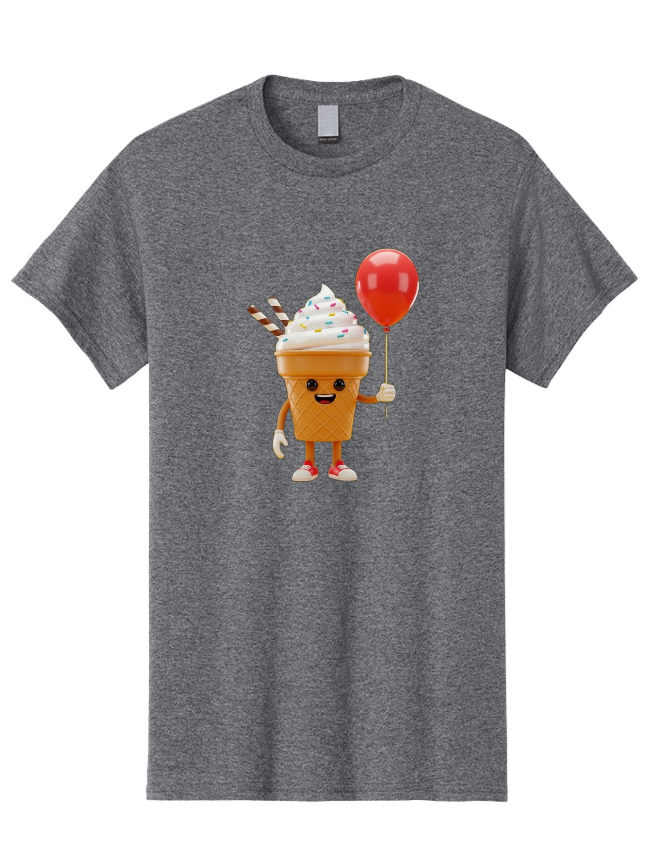 Ice-Cream-Cone-2 Men'S Graphic Tee, 100% Cotton, Comfortable Casual Summer Wear, Machine Washable, Ice Cream Cone With Face, Cartoon Character, Whipped Cream, Sprinkles, Red Balloon, Party Theme, Funny Illustration, Colorful Dessert, Baa863