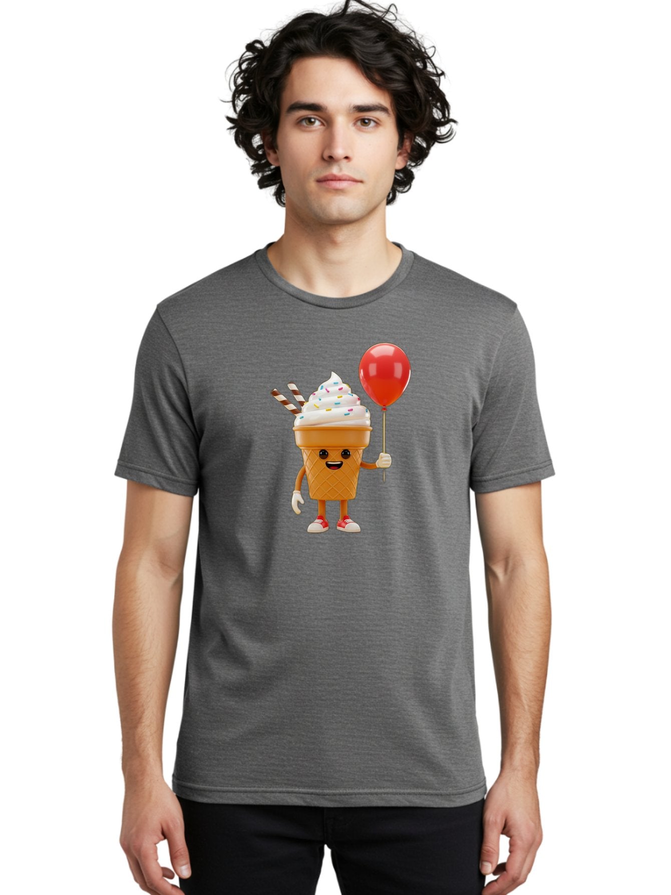 Ice-Cream-Cone-2 Men'S Graphic Tee, 100% Cotton, Comfortable Casual Summer Wear, Machine Washable, Ice Cream Cone With Face, Cartoon Character, Whipped Cream, Sprinkles, Red Balloon, Party Theme, Funny Illustration, Colorful Dessert, Baa863 19