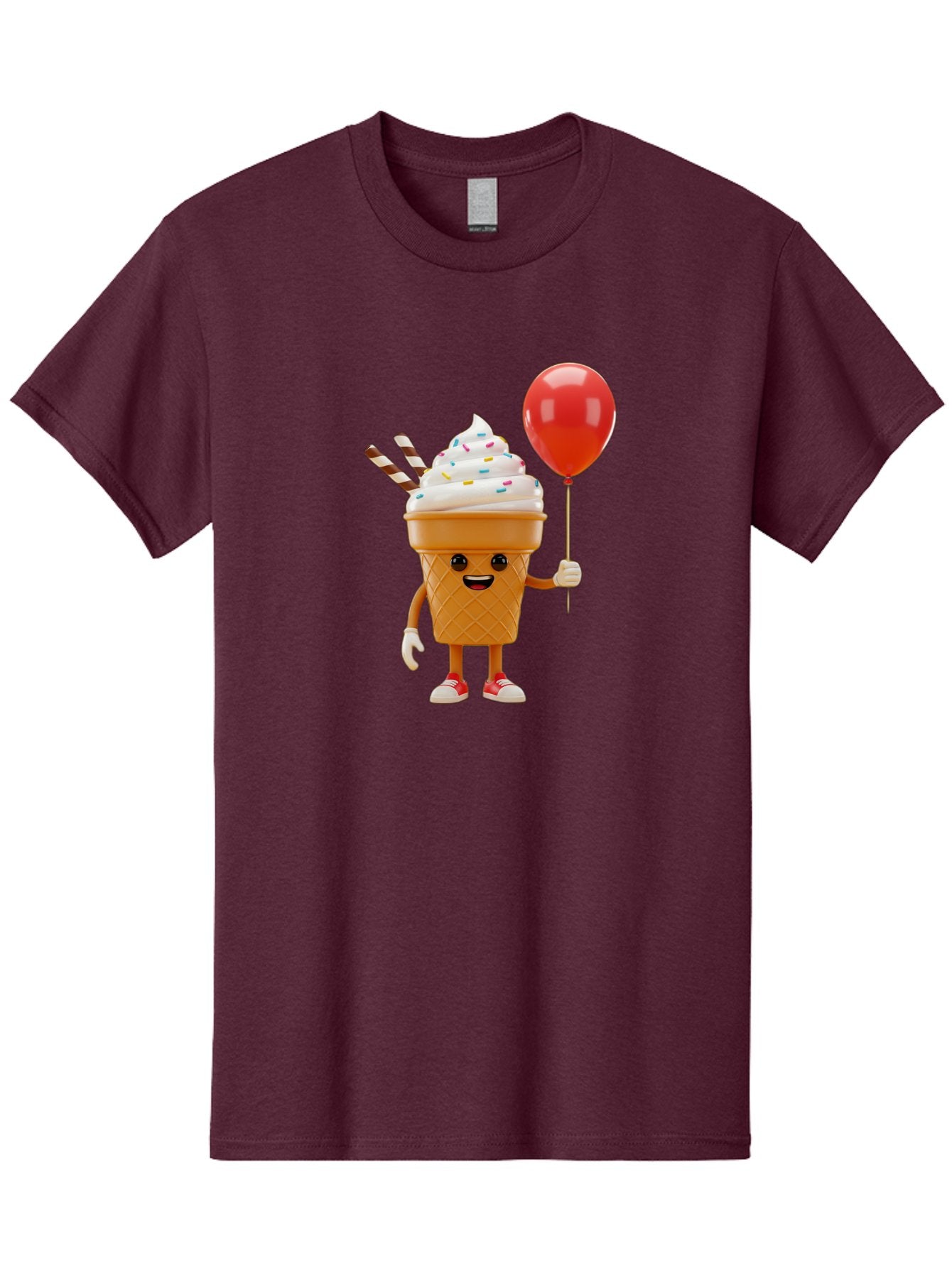 Ice-Cream-Cone-2 Men'S Graphic Tee, 100% Cotton, Comfortable Casual Summer Wear, Machine Washable, Ice Cream Cone With Face, Cartoon Character, Whipped Cream, Sprinkles, Red Balloon, Party Theme, Funny Illustration, Colorful Dessert, Baa863 3
