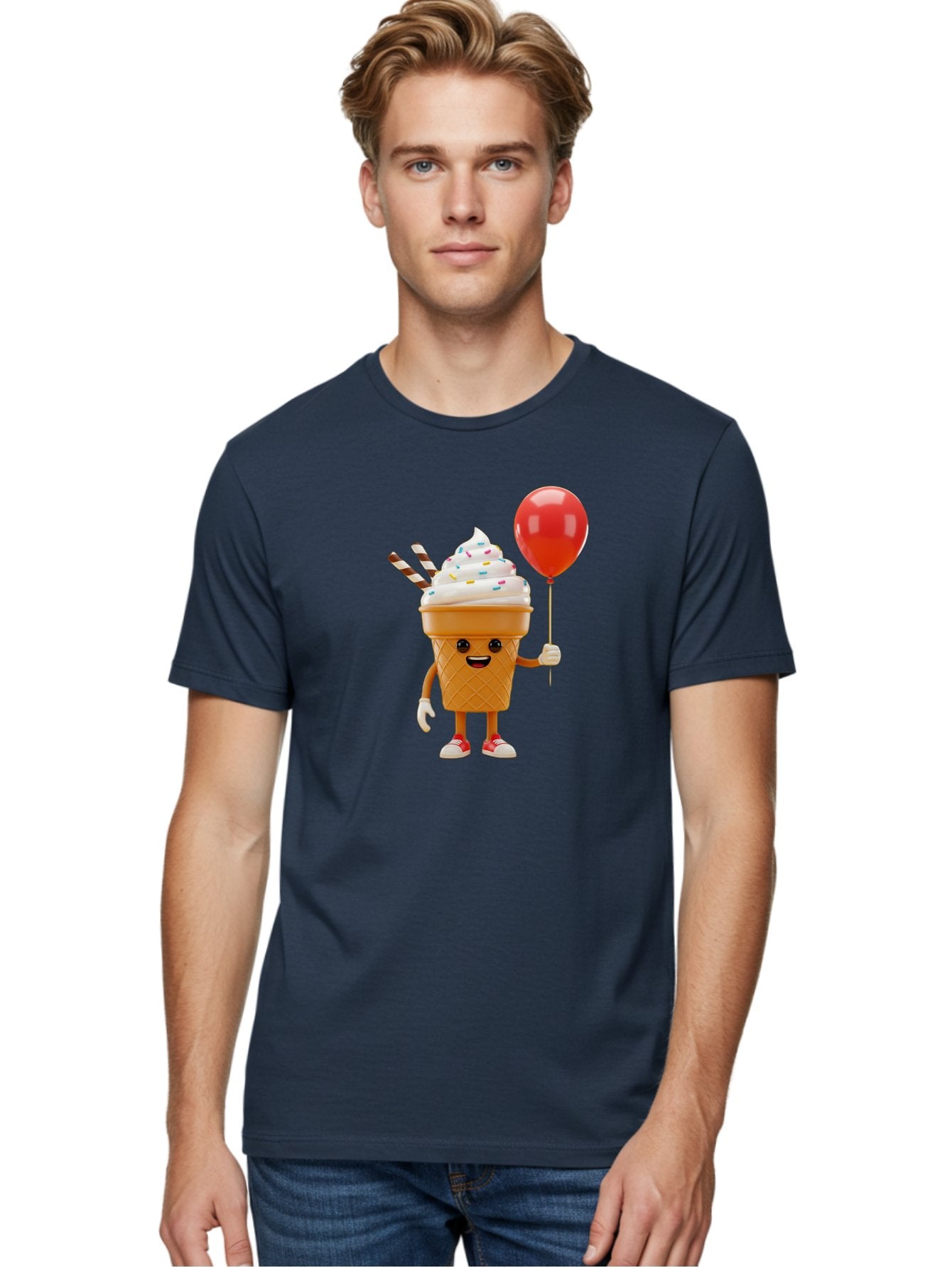 Ice-Cream-Cone-2 Men'S Graphic Tee, 100% Cotton, Comfortable Casual Summer Wear, Machine Washable, Ice Cream Cone With Face, Cartoon Character, Whipped Cream, Sprinkles, Red Balloon, Party Theme, Funny Illustration, Colorful Dessert, Baa863 20