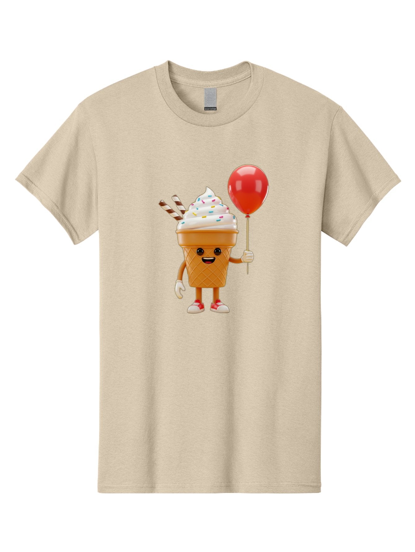 Ice-Cream-Cone-2 Men'S Graphic Tee, 100% Cotton, Comfortable Casual Summer Wear, Machine Washable, Ice Cream Cone With Face, Cartoon Character, Whipped Cream, Sprinkles, Red Balloon, Party Theme, Funny Illustration, Colorful Dessert, Baa863