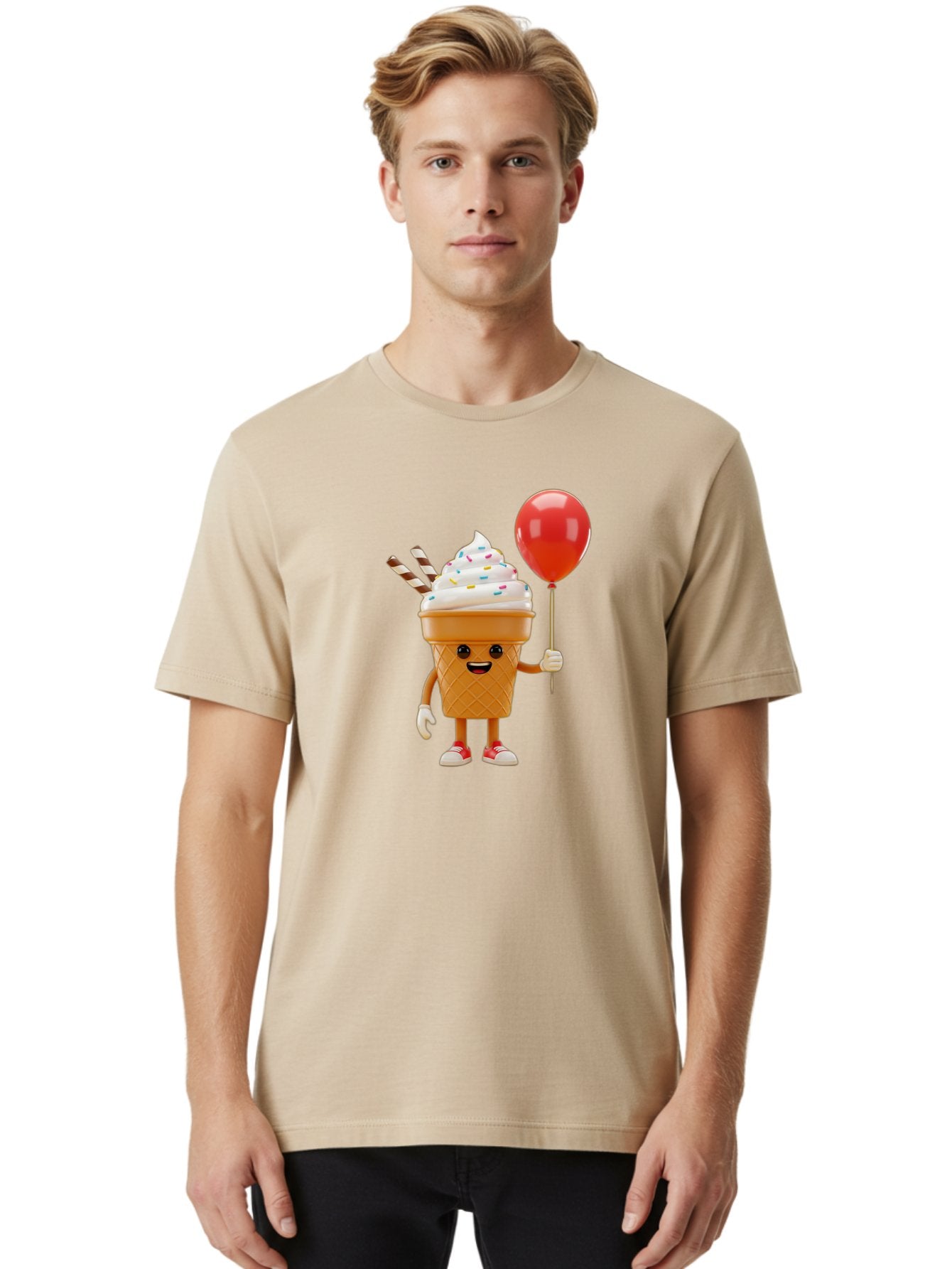 Ice-Cream-Cone-2 Men'S Graphic Tee, 100% Cotton, Comfortable Casual Summer Wear, Machine Washable, Ice Cream Cone With Face, Cartoon Character, Whipped Cream, Sprinkles, Red Balloon, Party Theme, Funny Illustration, Colorful Dessert, Baa863 21