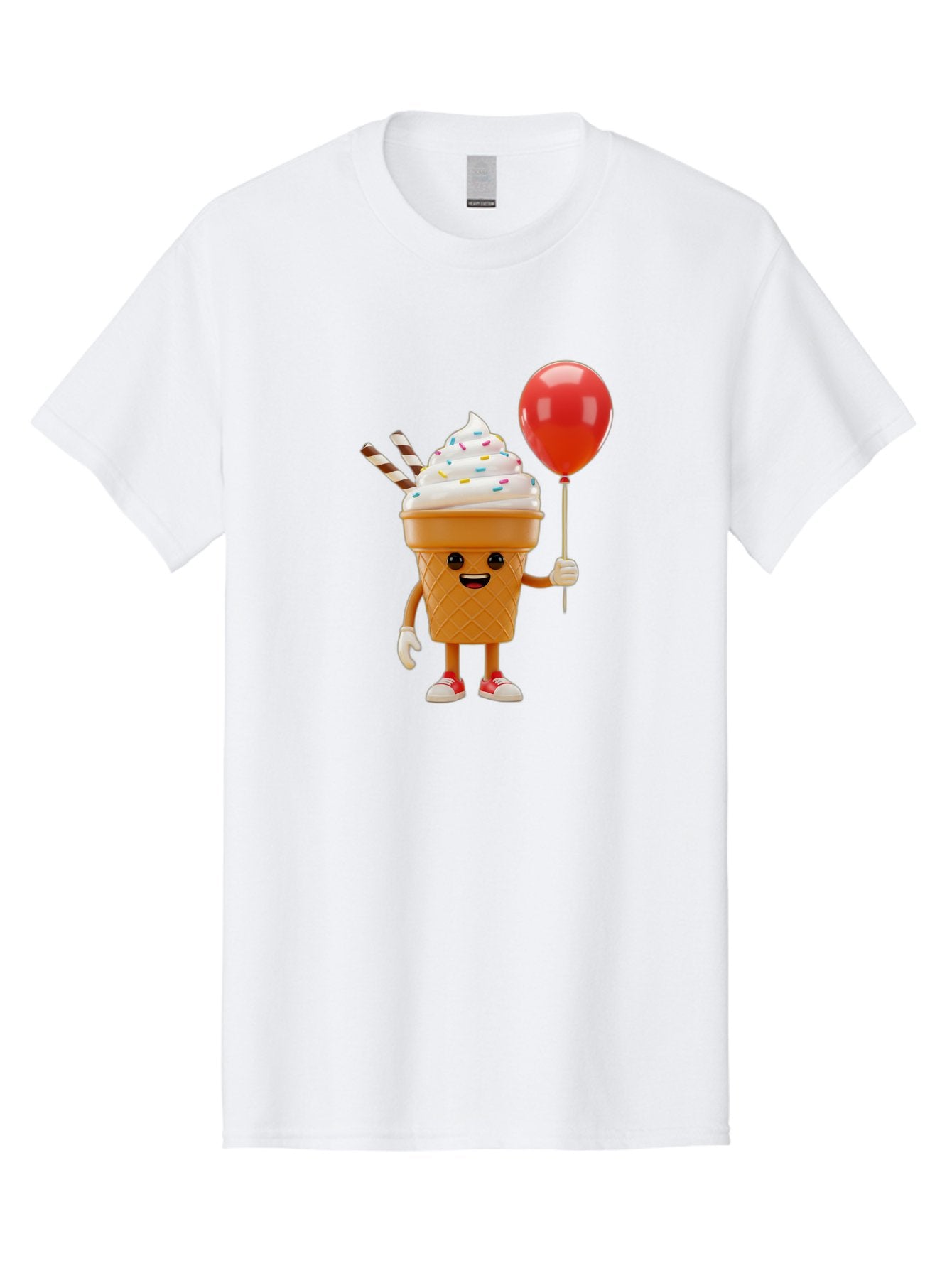 Ice-Cream-Cone-2 Men'S Graphic Tee, 100% Cotton, Comfortable Casual Summer Wear, Machine Washable, Ice Cream Cone With Face, Cartoon Character, Whipped Cream, Sprinkles, Red Balloon, Party Theme, Funny Illustration, Colorful Dessert, Baa863 5
