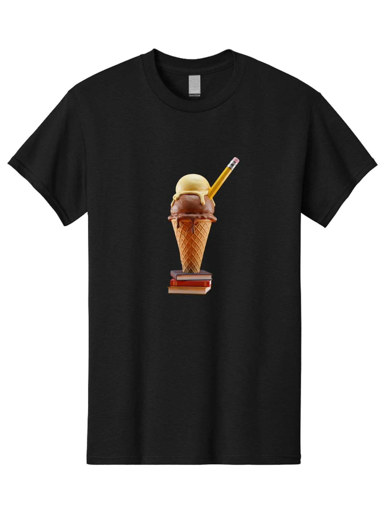 Ice-Cream-Cone-5 Men'S Graphic Tee, 100% Cotton, Comfortable Casual Summer Wear, Machine Washable, Ice Cream Cone With Melting Ice Cream, Chocolate And Vanilla Flavors, Waffle Cone, Pencil Stuck In The Ice Cream, Stack Of Books, Baa866
