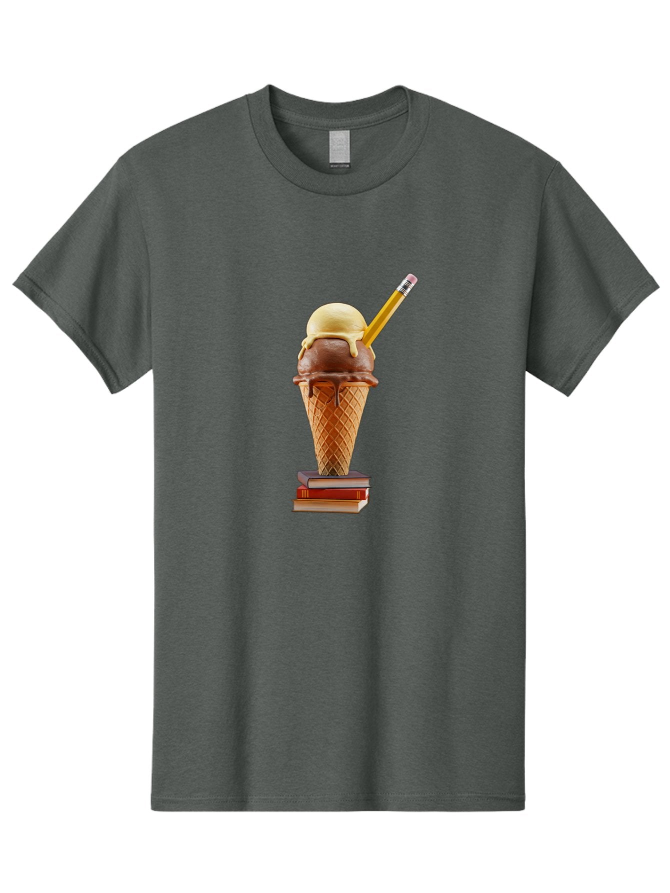 Ice-Cream-Cone-5 Men'S Graphic Tee, 100% Cotton, Comfortable Casual Summer Wear, Machine Washable, Ice Cream Cone With Melting Ice Cream, Chocolate And Vanilla Flavors, Waffle Cone, Pencil Stuck In The Ice Cream, Stack Of Books, Baa866 13