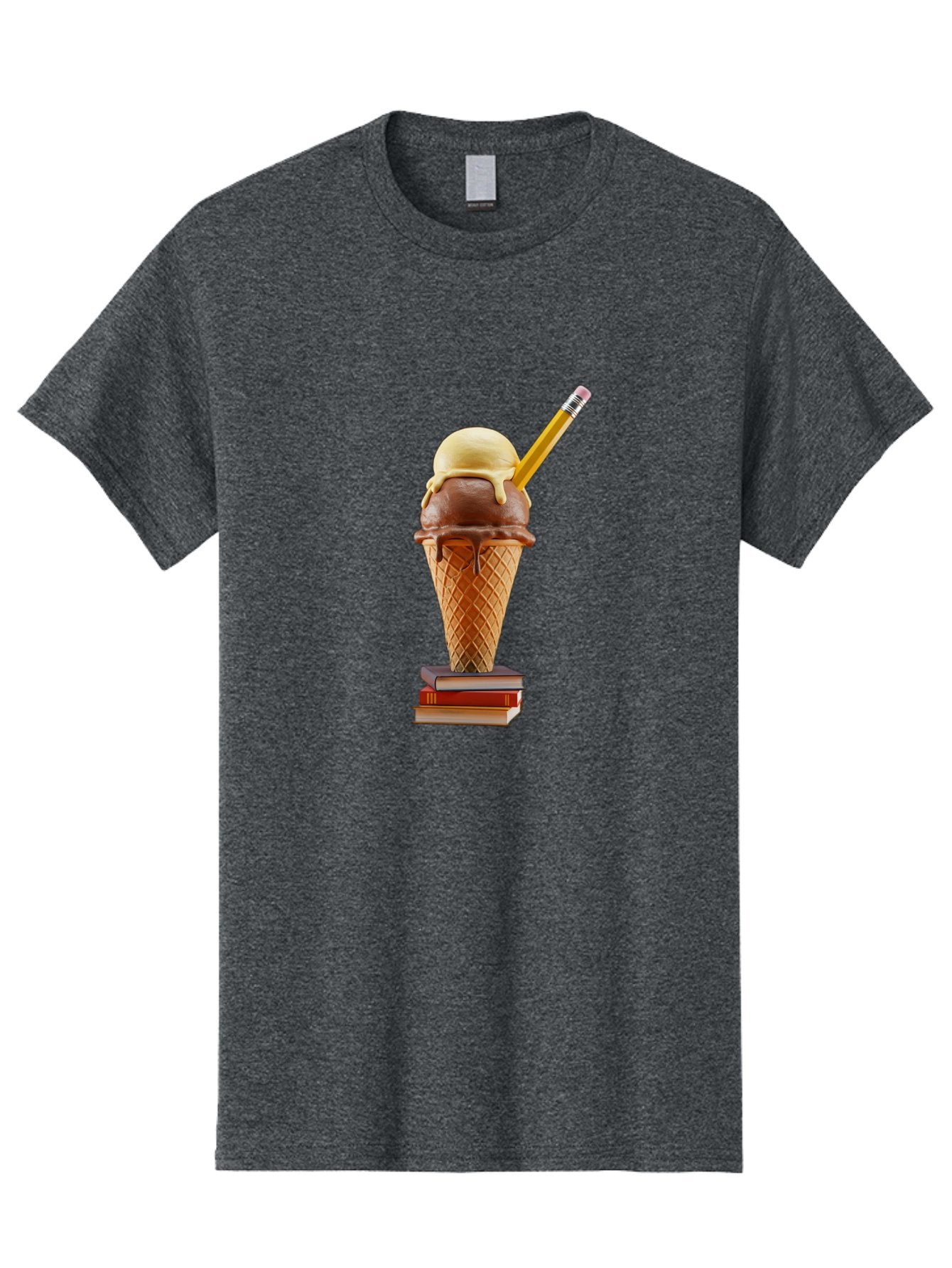 Ice-Cream-Cone-5 Men'S Graphic Tee, 100% Cotton, Comfortable Casual Summer Wear, Machine Washable, Ice Cream Cone With Melting Ice Cream, Chocolate And Vanilla Flavors, Waffle Cone, Pencil Stuck In The Ice Cream, Stack Of Books, Baa866 5