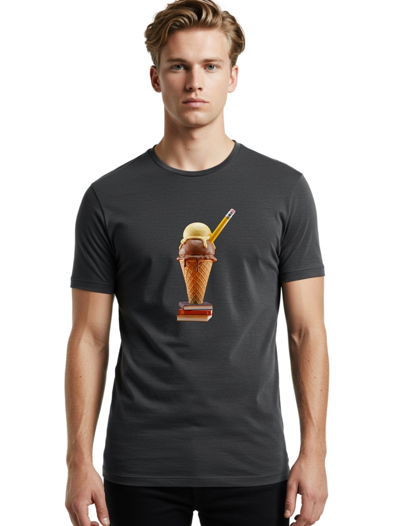 Ice-Cream-Cone-5 Men'S Graphic Tee, 100% Cotton, Comfortable Casual Summer Wear, Machine Washable, Ice Cream Cone With Melting Ice Cream, Chocolate And Vanilla Flavors, Waffle Cone, Pencil Stuck In The Ice Cream, Stack Of Books, Baa866 23