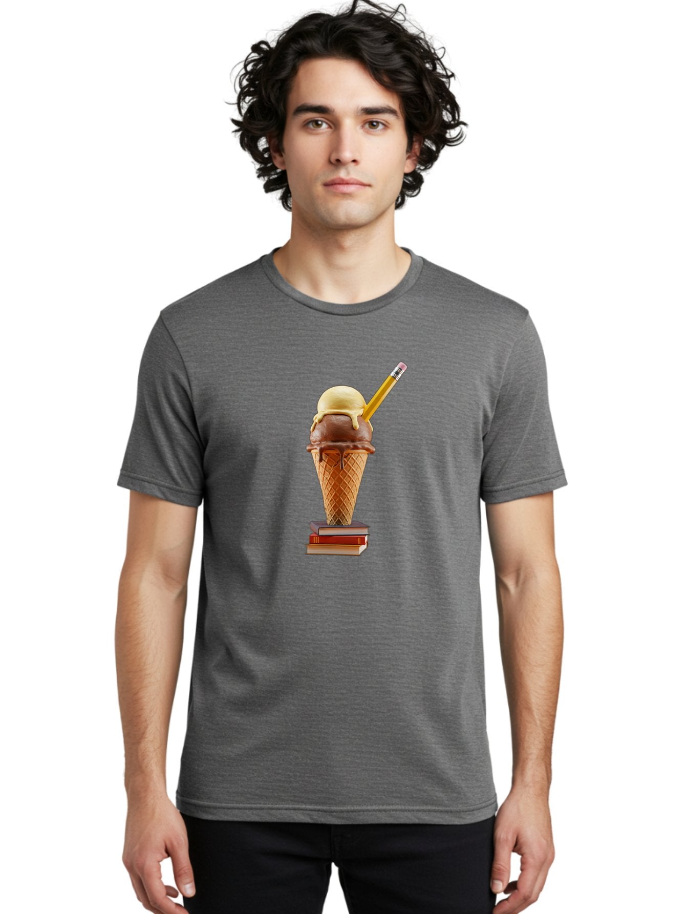 Ice-Cream-Cone-5 Men'S Graphic Tee, 100% Cotton, Comfortable Casual Summer Wear, Machine Washable, Ice Cream Cone With Melting Ice Cream, Chocolate And Vanilla Flavors, Waffle Cone, Pencil Stuck In The Ice Cream, Stack Of Books, Baa866 27