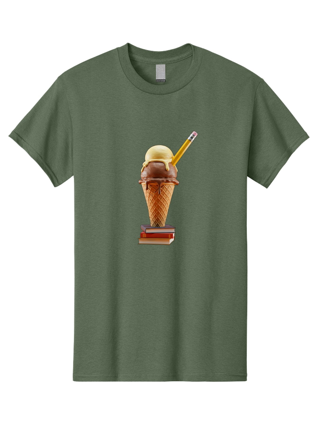 Ice-Cream-Cone-5 Men'S Graphic Tee, 100% Cotton, Comfortable Casual Summer Wear, Machine Washable, Ice Cream Cone With Melting Ice Cream, Chocolate And Vanilla Flavors, Waffle Cone, Pencil Stuck In The Ice Cream, Stack Of Books, Baa866 8