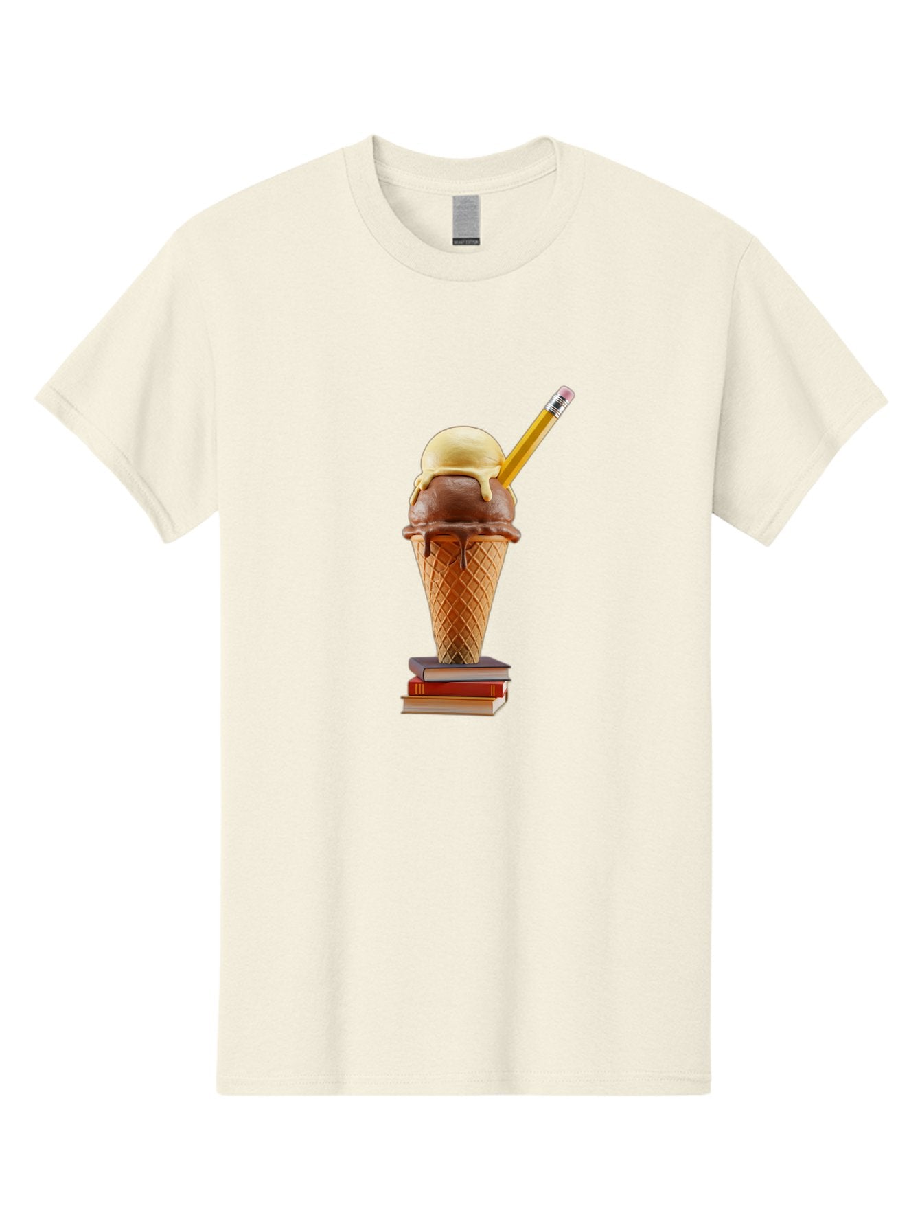 Ice-Cream-Cone-5 Men'S Graphic Tee, 100% Cotton, Comfortable Casual Summer Wear, Machine Washable, Ice Cream Cone With Melting Ice Cream, Chocolate And Vanilla Flavors, Waffle Cone, Pencil Stuck In The Ice Cream, Stack Of Books, Baa866 3