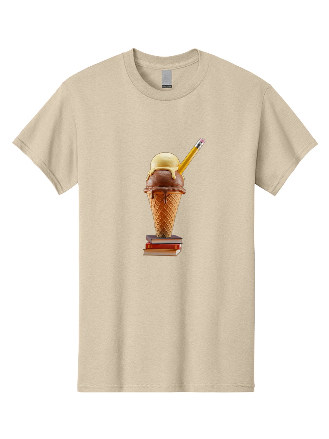 Ice-Cream-Cone-5 Men'S Graphic Tee, 100% Cotton, Comfortable Casual Summer Wear, Machine Washable, Ice Cream Cone With Melting Ice Cream, Chocolate And Vanilla Flavors, Waffle Cone, Pencil Stuck In The Ice Cream, Stack Of Books, Baa866 7