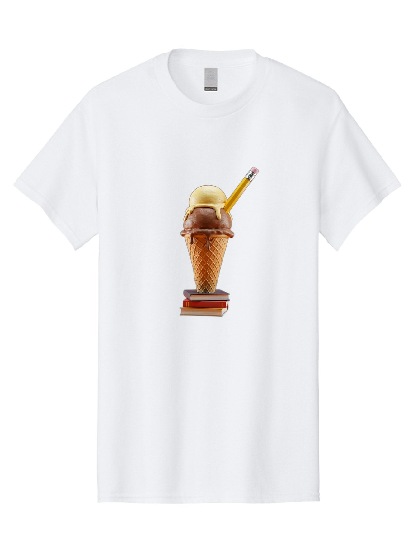 Ice-Cream-Cone-5 Men'S Graphic Tee, 100% Cotton, Comfortable Casual Summer Wear, Machine Washable, Ice Cream Cone With Melting Ice Cream, Chocolate And Vanilla Flavors, Waffle Cone, Pencil Stuck In The Ice Cream, Stack Of Books, Baa866 10