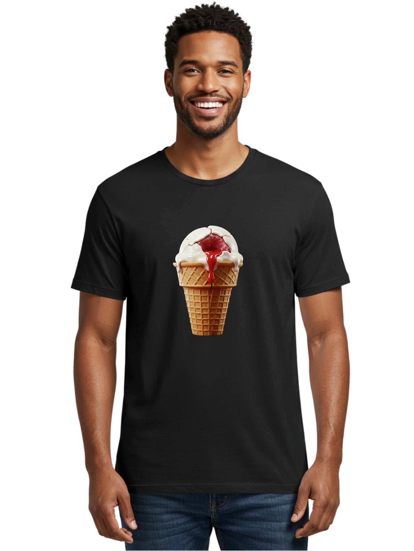 Ice-Cream-Cone-6 Men'S Graphic Tee, 100% Cotton, Comfortable Casual Summer Wear, Machine Washable, Decaying Ice Cream Cone, Cracked Ice Cream, Melting Ice Cream, Red Sauce, White Chocolate, Dessert, Sweet Treats, Yummy, Melting, Dripping, Baa867 30