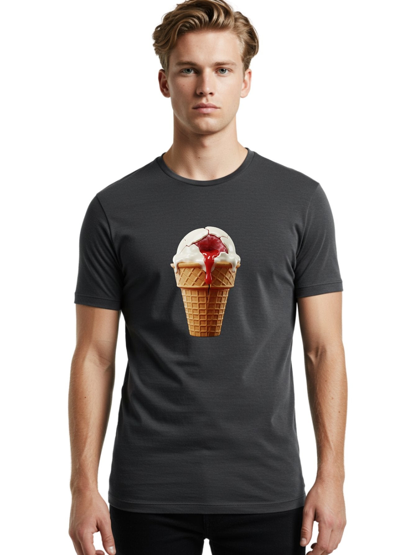 Ice-Cream-Cone-6 Men'S Graphic Tee, 100% Cotton, Comfortable Casual Summer Wear, Machine Washable, Decaying Ice Cream Cone, Cracked Ice Cream, Melting Ice Cream, Red Sauce, White Chocolate, Dessert, Sweet Treats, Yummy, Melting, Dripping, Baa867 22