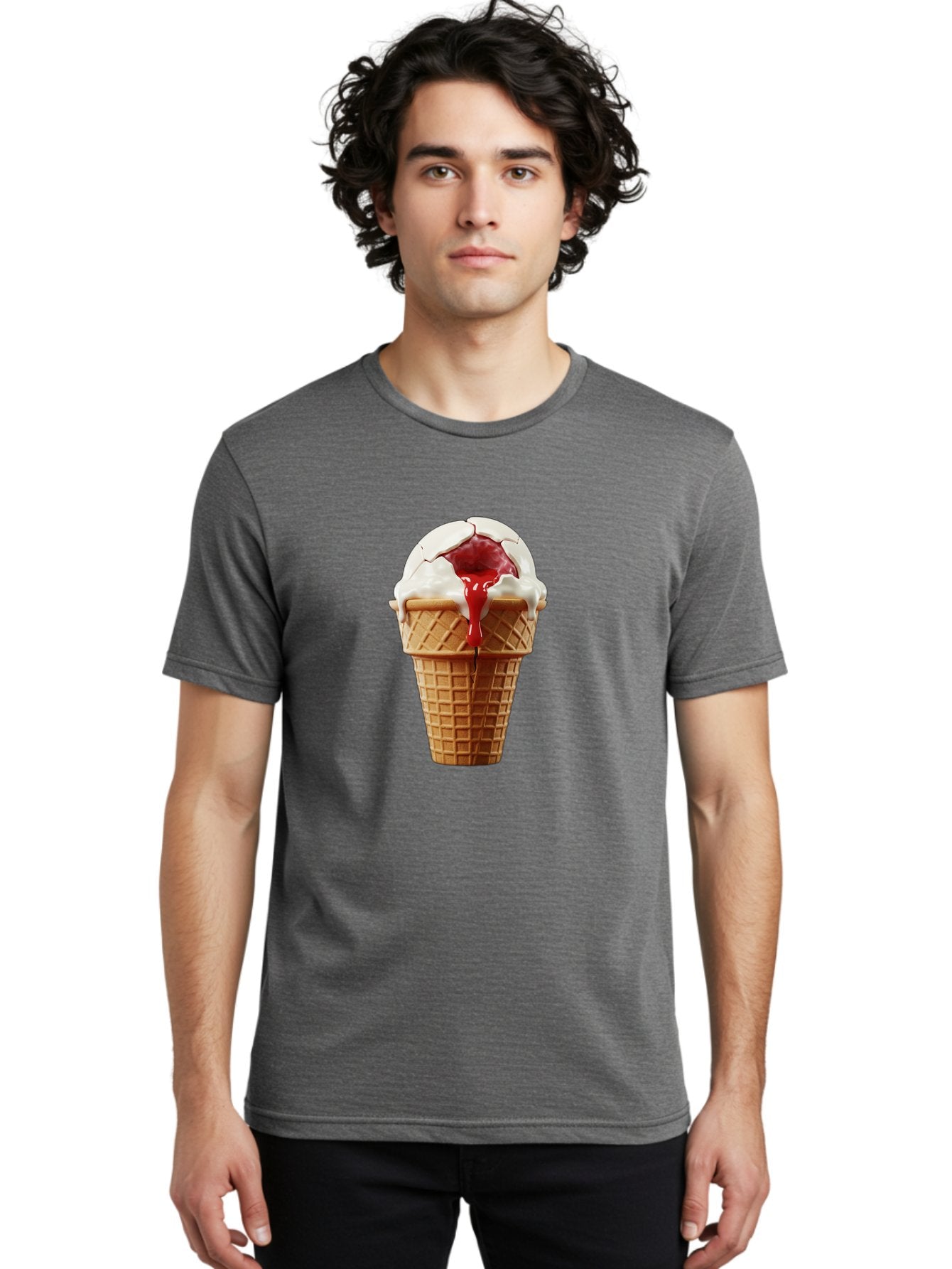 Ice-Cream-Cone-6 Men'S Graphic Tee, 100% Cotton, Comfortable Casual Summer Wear, Machine Washable, Decaying Ice Cream Cone, Cracked Ice Cream, Melting Ice Cream, Red Sauce, White Chocolate, Dessert, Sweet Treats, Yummy, Melting, Dripping, Baa867 17