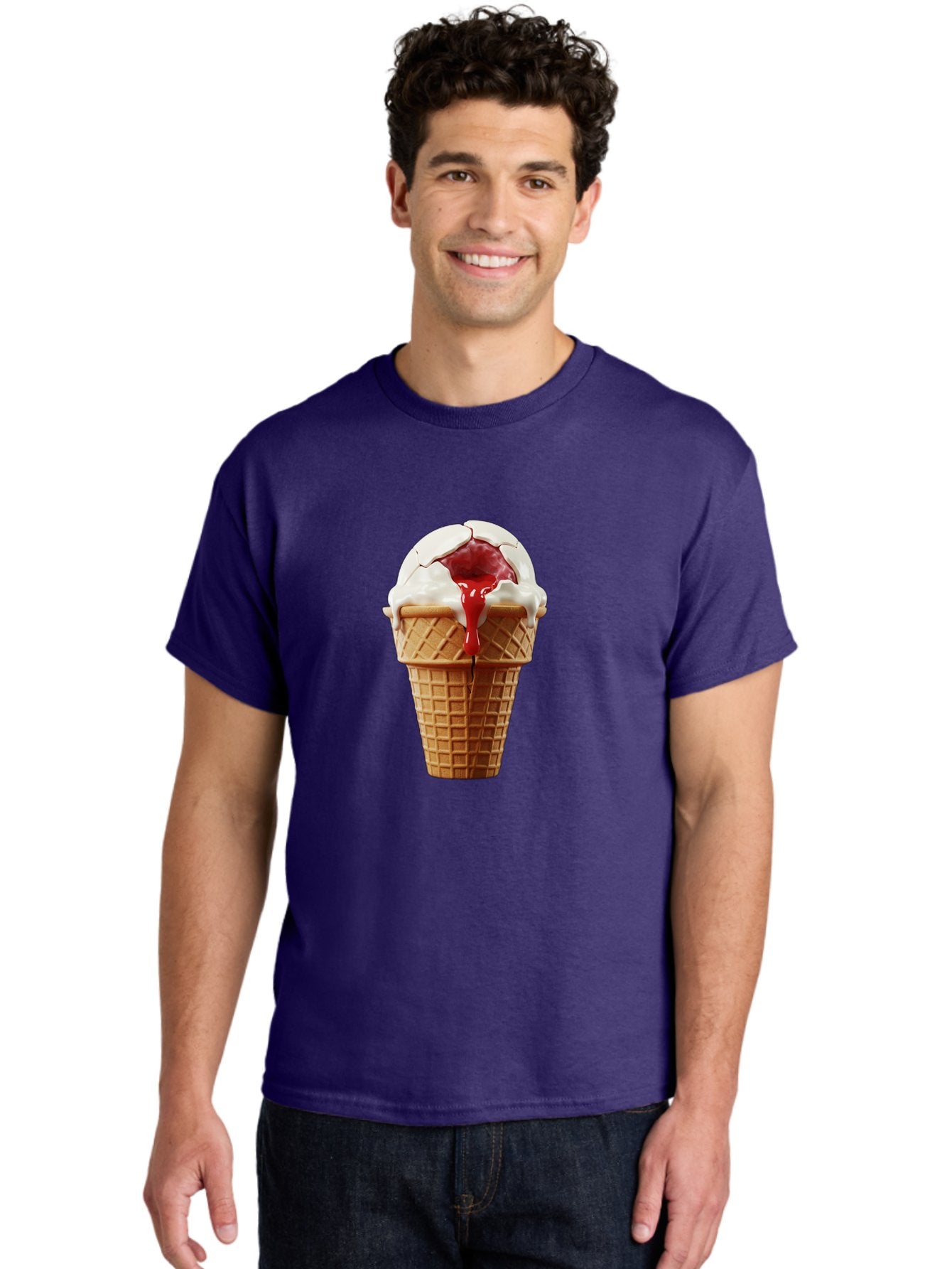 Ice-Cream-Cone-6 Men'S Graphic Tee, 100% Cotton, Comfortable Casual Summer Wear, Machine Washable, Decaying Ice Cream Cone, Cracked Ice Cream, Melting Ice Cream, Red Sauce, White Chocolate, Dessert, Sweet Treats, Yummy, Melting, Dripping, Baa867 24