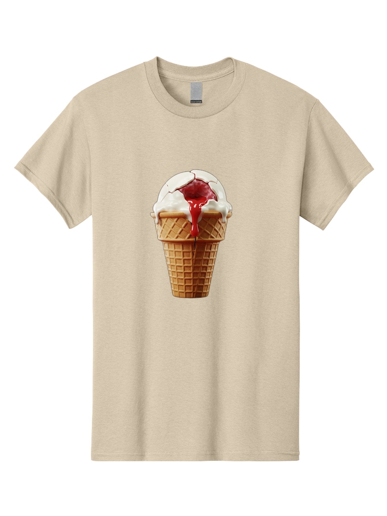 Ice-Cream-Cone-6 Men'S Graphic Tee, 100% Cotton, Comfortable Casual Summer Wear, Machine Washable, Decaying Ice Cream Cone, Cracked Ice Cream, Melting Ice Cream, Red Sauce, White Chocolate, Dessert, Sweet Treats, Yummy, Melting, Dripping, Baa867 12