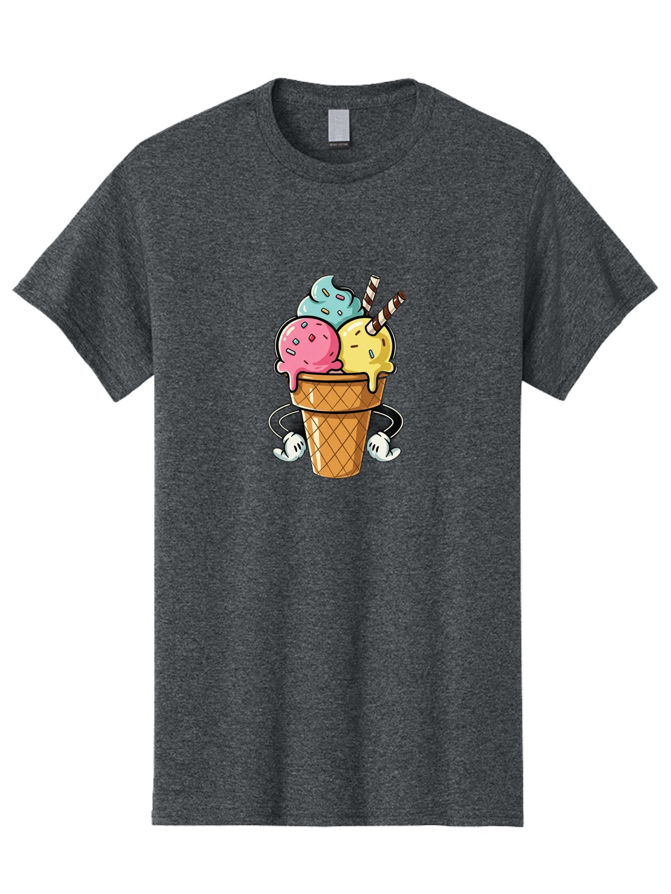 Ice-Cream-Cone-9 Men'S Graphic Tee, 100% Cotton, Comfortable Casual Summer Wear, Machine Washable, Three Scoops Ice Cream, Colorful Dessert, Melting Ice Cream, Sprinkles, Waffle Cone, Striped Straw, Cartoon Character, Fun And Playful, Baa870