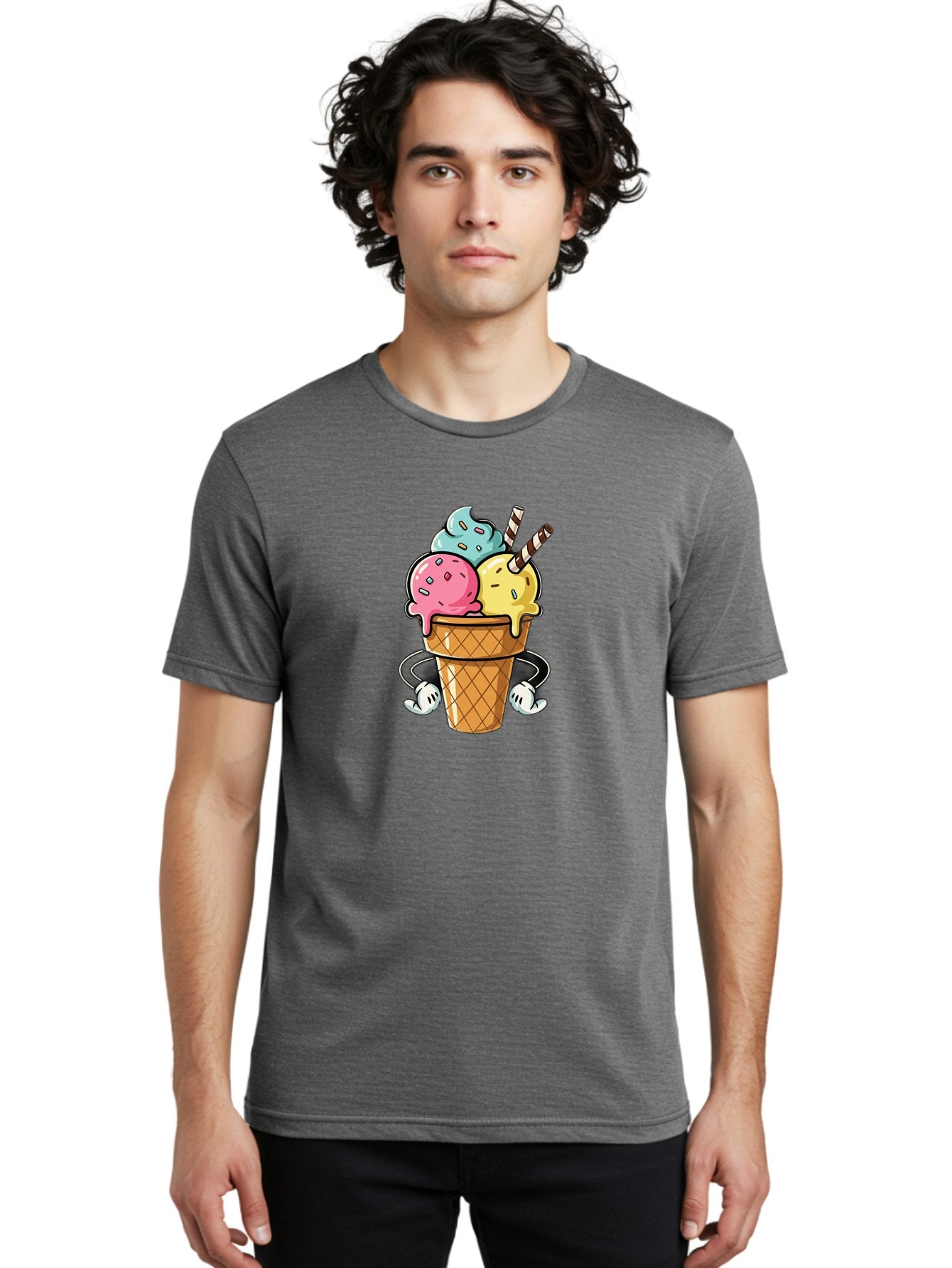 Ice-Cream-Cone-9 Men'S Graphic Tee, 100% Cotton, Comfortable Casual Summer Wear, Machine Washable, Three Scoops Ice Cream, Colorful Dessert, Melting Ice Cream, Sprinkles, Waffle Cone, Striped Straw, Cartoon Character, Fun And Playful, Baa870 24