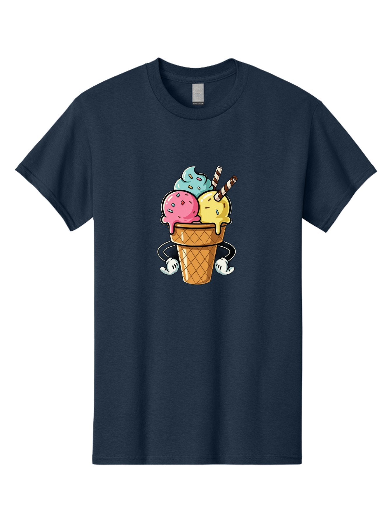 Ice-Cream-Cone-9 Men'S Graphic Tee, 100% Cotton, Comfortable Casual Summer Wear, Machine Washable, Three Scoops Ice Cream, Colorful Dessert, Melting Ice Cream, Sprinkles, Waffle Cone, Striped Straw, Cartoon Character, Fun And Playful, Baa870