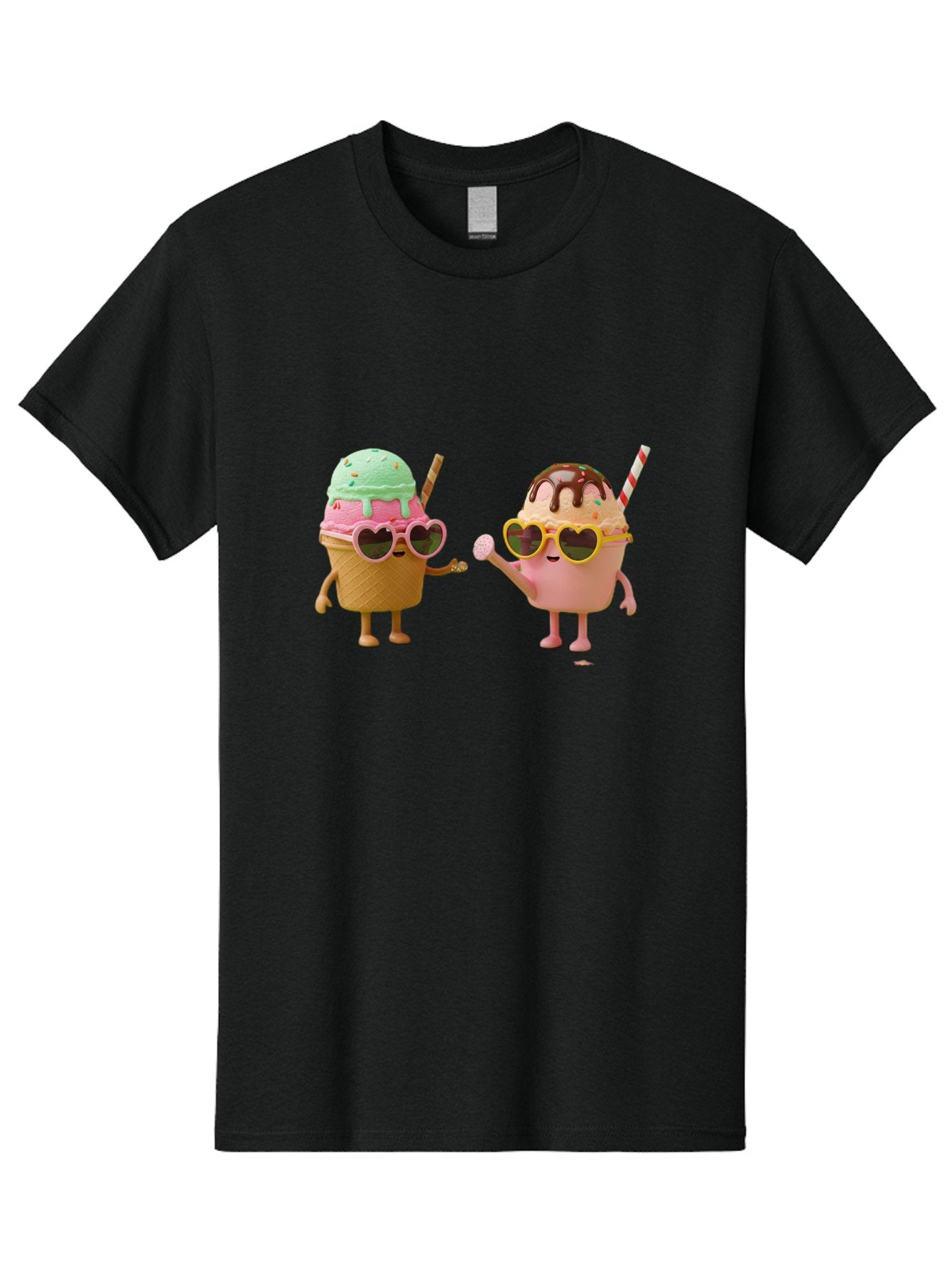 Ice-Cream-Cone-And-Cup Men'S Graphic Tee, 100% Cotton, Comfortable Casual Summer Wear, Machine Washable, Ice Cream Cone Character, Ice Cream Bowl Character, Heart-Shaped Sunglasses, Pastel Colors, Fun Illustration, Sweet Treats, Baa871 3