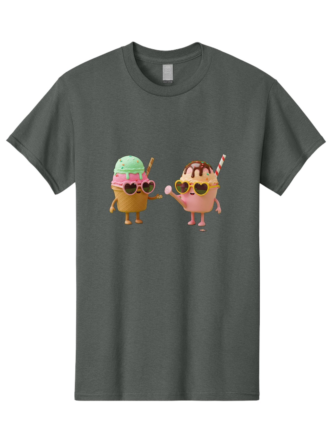 Ice-Cream-Cone-And-Cup Men'S Graphic Tee, 100% Cotton, Comfortable Casual Summer Wear, Machine Washable, Ice Cream Cone Character, Ice Cream Bowl Character, Heart-Shaped Sunglasses, Pastel Colors, Fun Illustration, Sweet Treats, Baa871
