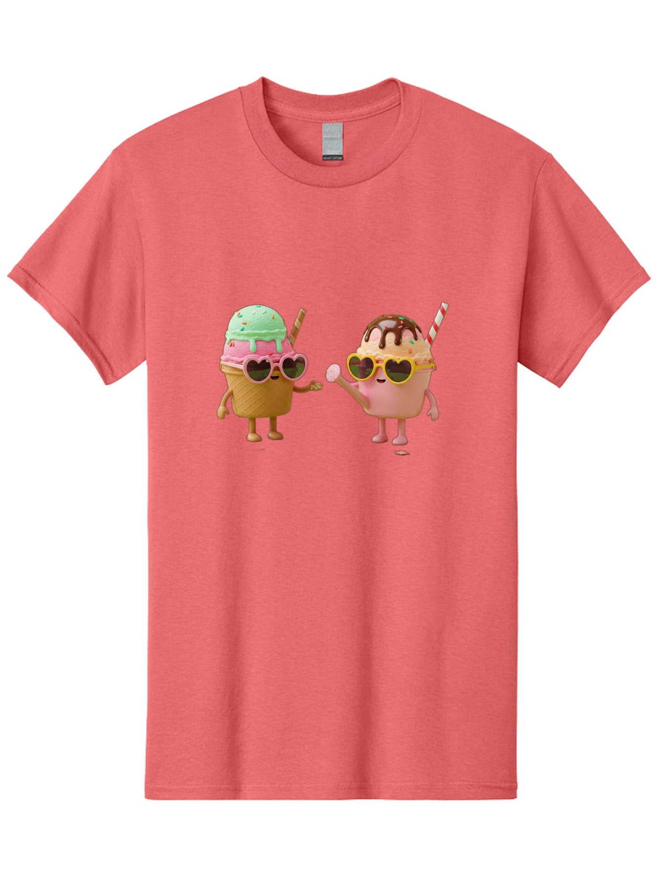 Ice-Cream-Cone-And-Cup Men'S Graphic Tee, 100% Cotton, Comfortable Casual Summer Wear, Machine Washable, Ice Cream Cone Character, Ice Cream Bowl Character, Heart-Shaped Sunglasses, Pastel Colors, Fun Illustration, Sweet Treats, Baa871 14